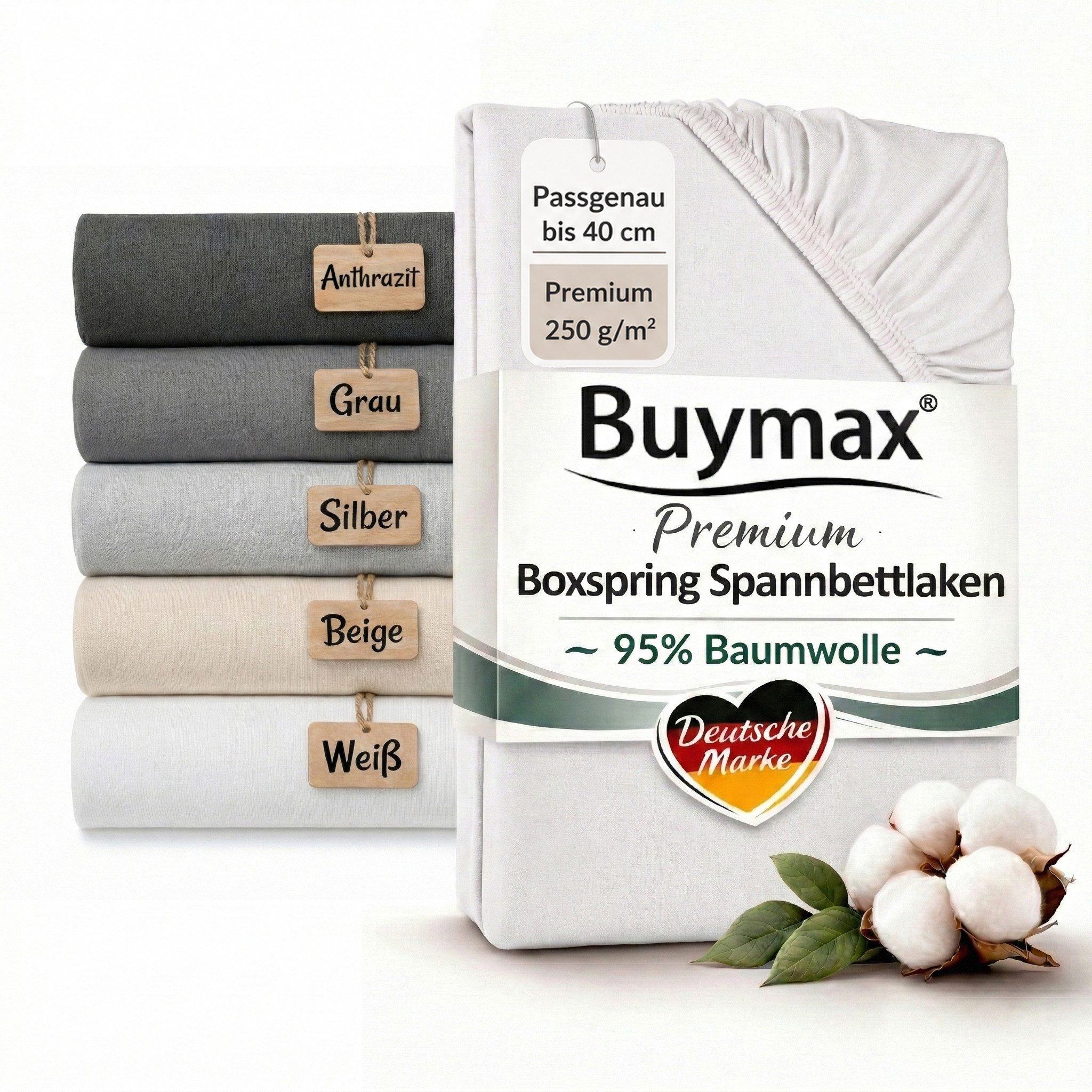 Buymax Spannbettlaken Premium Jersey für Boxspringbett, 95% Baumwolle, bis 35 cm, Jersey, Gummizug: Rundumgummi, (1 Stück), Premium Baumwolle Jersey 250g/m², weich & elastisch, bis 35cm Steghöhe