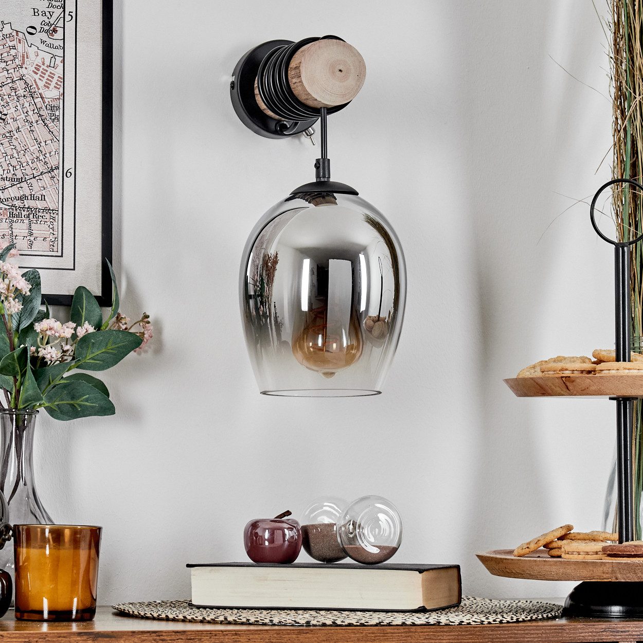 hofstein Wandleuchte Wandlampe aus Holz/Metall/Glas in Natur/Schwarz/Chrom/Rauch/Klar, ohne Leuchtmittel, Glasschirm u. An/-Auschalter am Gehäuse, 1x E27, ohne Leuchtmittel