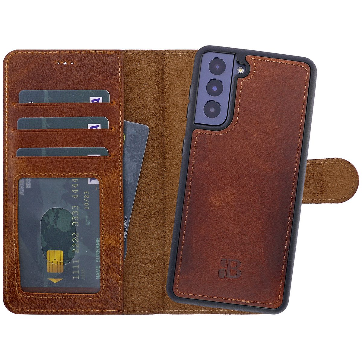 Burkley Handytasche Samsung Galaxy S21 Handytasche mit modularem Case (1-tlg., Book Case Lederhülle mit Kartenfach und Magnetverschluss), herausnehmbare Innenhülle, Kartenfächer mit Kick-Stand