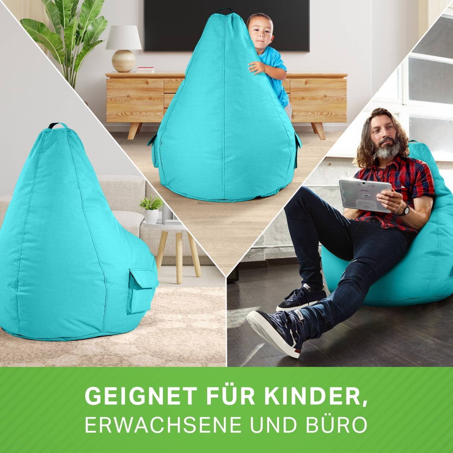 (2er Hocker schmutzabweisend Green Gamer Lounge - -, befüllt Set Bean Pouf Bean Kinder + Erwachsene Relax-Sessel Bodenkissen), robust waschbar fertig Aquamarin Bag Sitzsack Sitzsack Cozy+Cube Sitzhocker - & Gamingstuhl