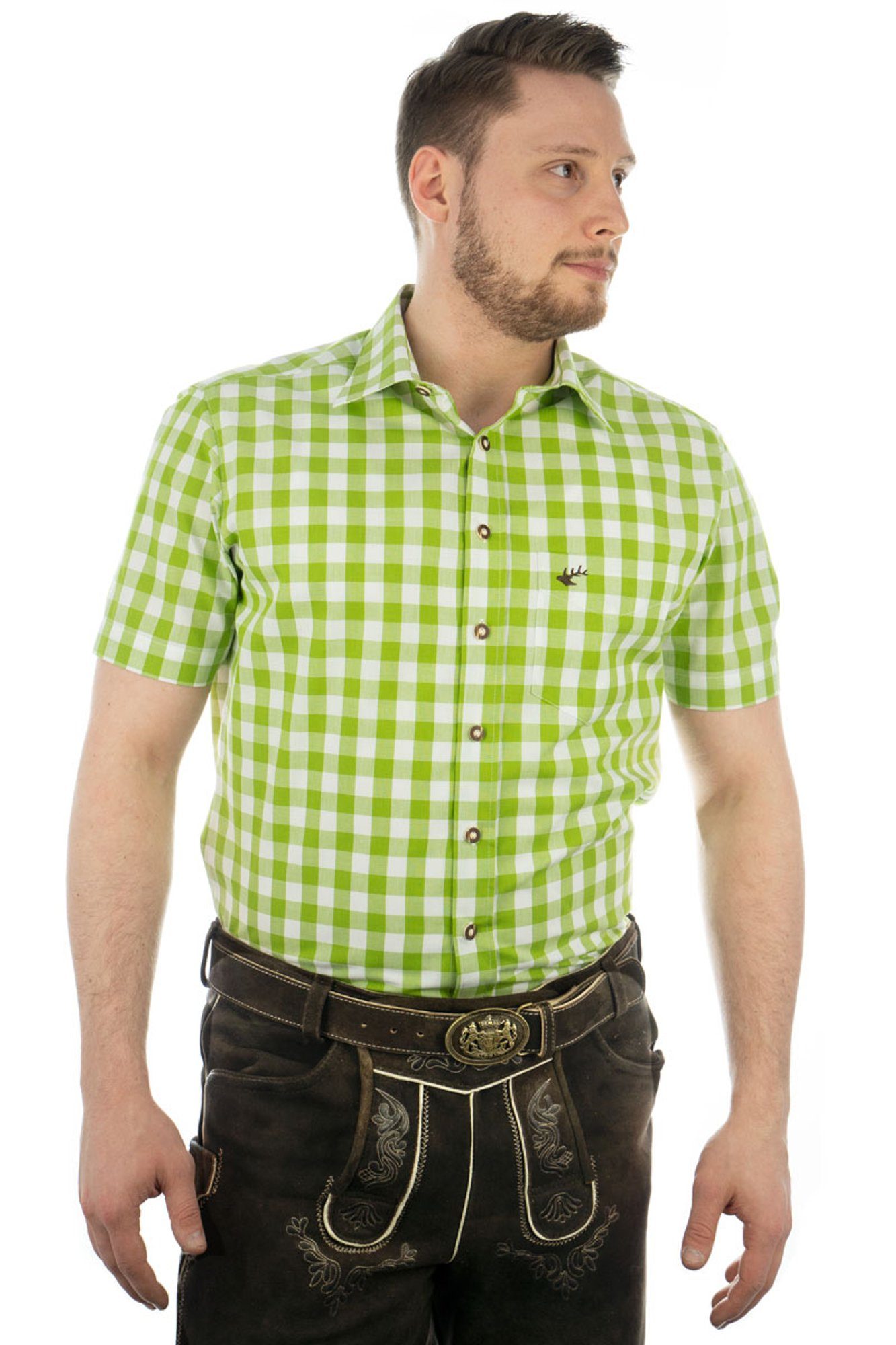 OS-Trachten Trachtenhemd Iluvu Kurzarmhemd mit aufgesetzter Brusttasche mit Hirsch-Stickerei giftgrün