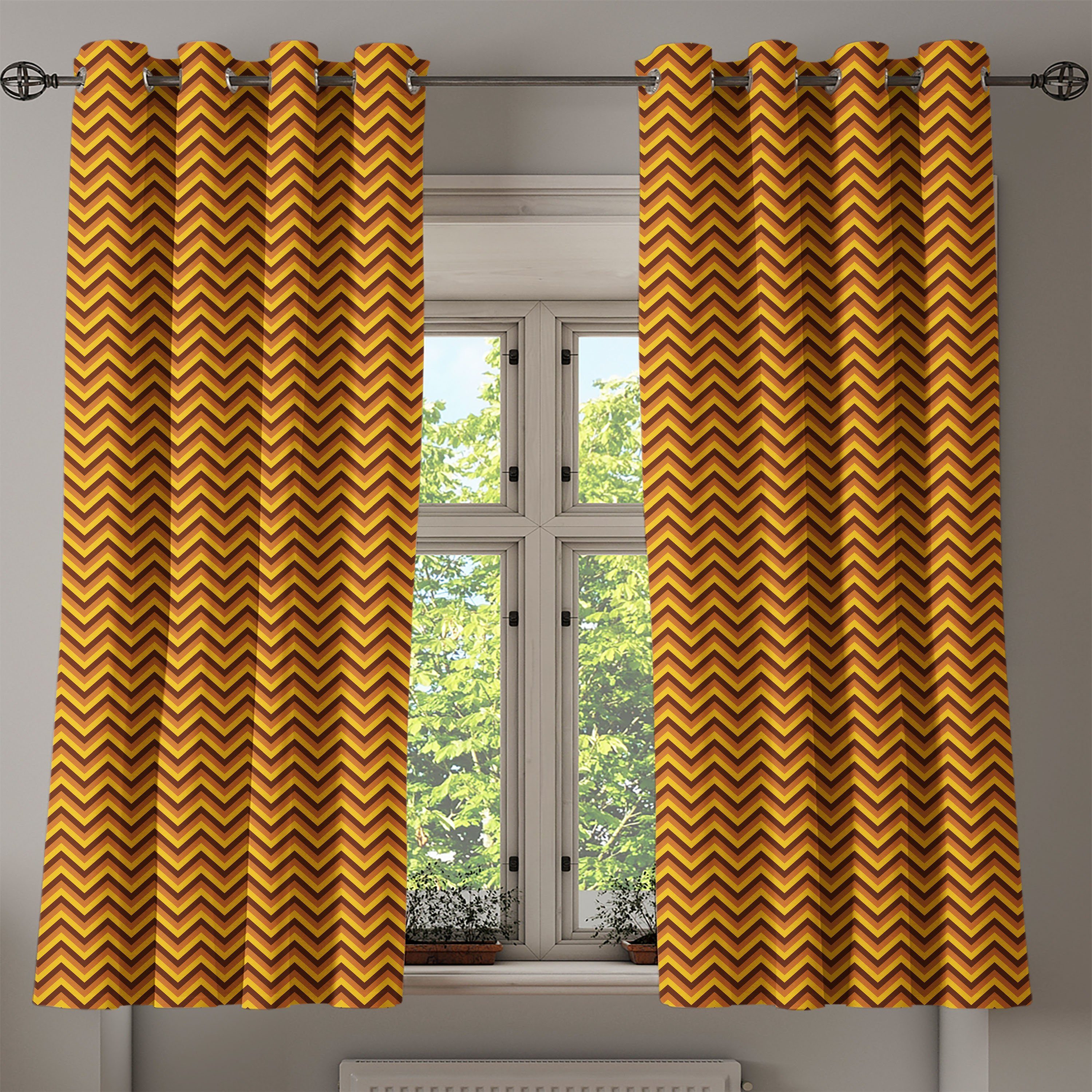 2-Panel-Fenstervorhänge für Dekorative Yellow Gardine Chevron Wohnzimmer, Klassische Brown Abakuhaus, Schlafzimmer