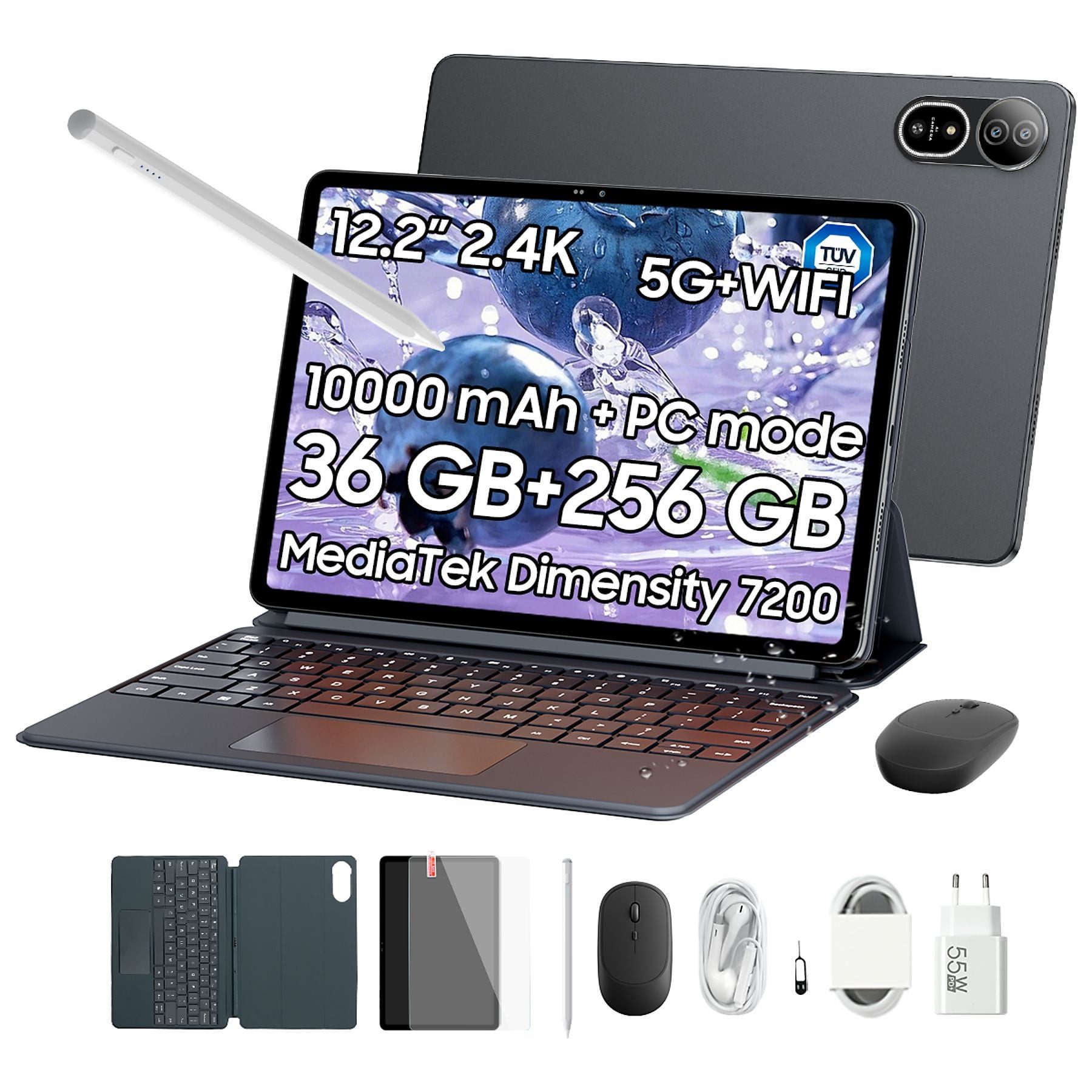 blackview MEGA 12.2" 5G Tablet Android 16 120Hz 10000mAh mit Tastatur/Maus/Stift Tablet (12,2", 256 GB, Android 16, 5G, 36 (12+24)GB+256GB, Android 16, 50MP+4K, IP69K, tablet mit sim karte)