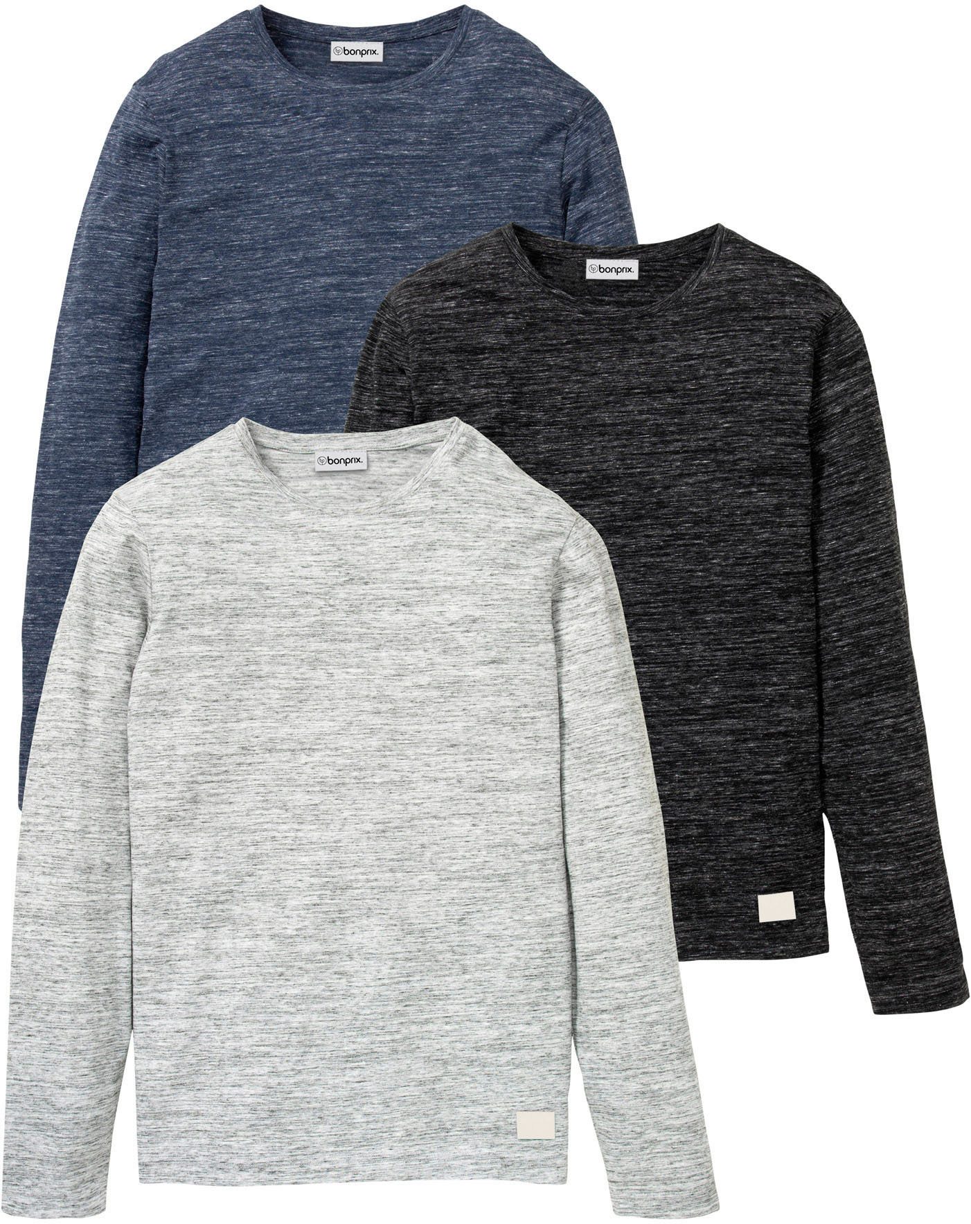 bonprix Langarmshirt (Packung, 3-tlg) Regular Fit, melierte Optik, aus Baum günstig online kaufen