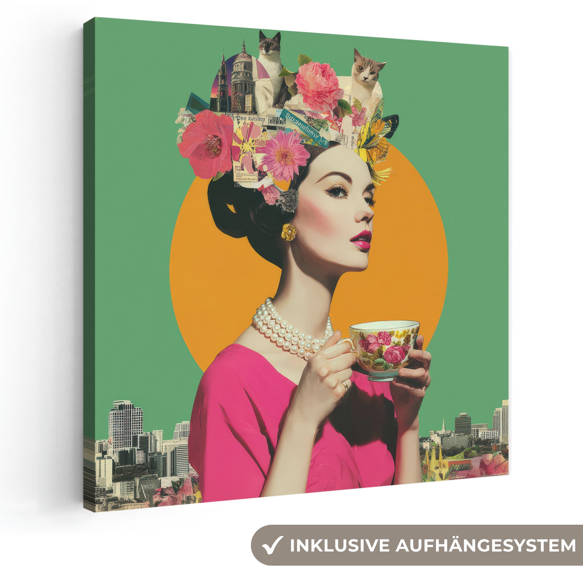 OneMillionCanvasses® Leinwandbild Retro - Frau - Stadt - Sonne, Fotodruck (1 St), Wandbild, Deko Schlafzimmer Wohnzimmer Flur 20x20 cm