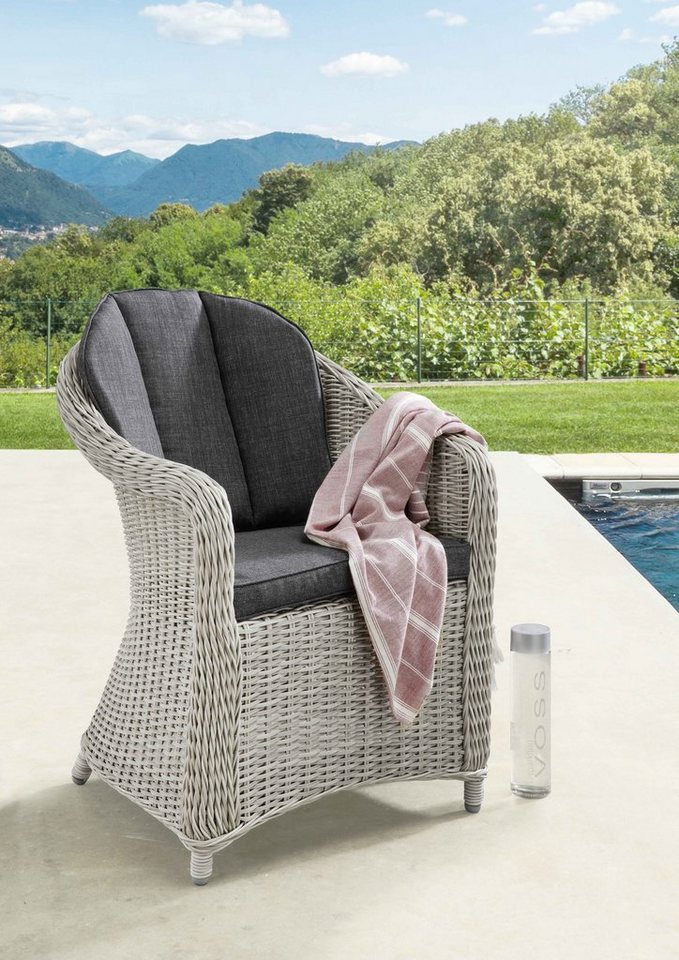 Destiny Garten-Essgruppe MALAGA LUNA, (Set, 13-tlg), Polyrattan, 4 Sessel +  1 Tisch Ø 120x75 cm, inkl. Auflagen, Hochwertiges, pflegeleichtes  Polyrattangeflecht (Halbrund- und Rundgeflecht)