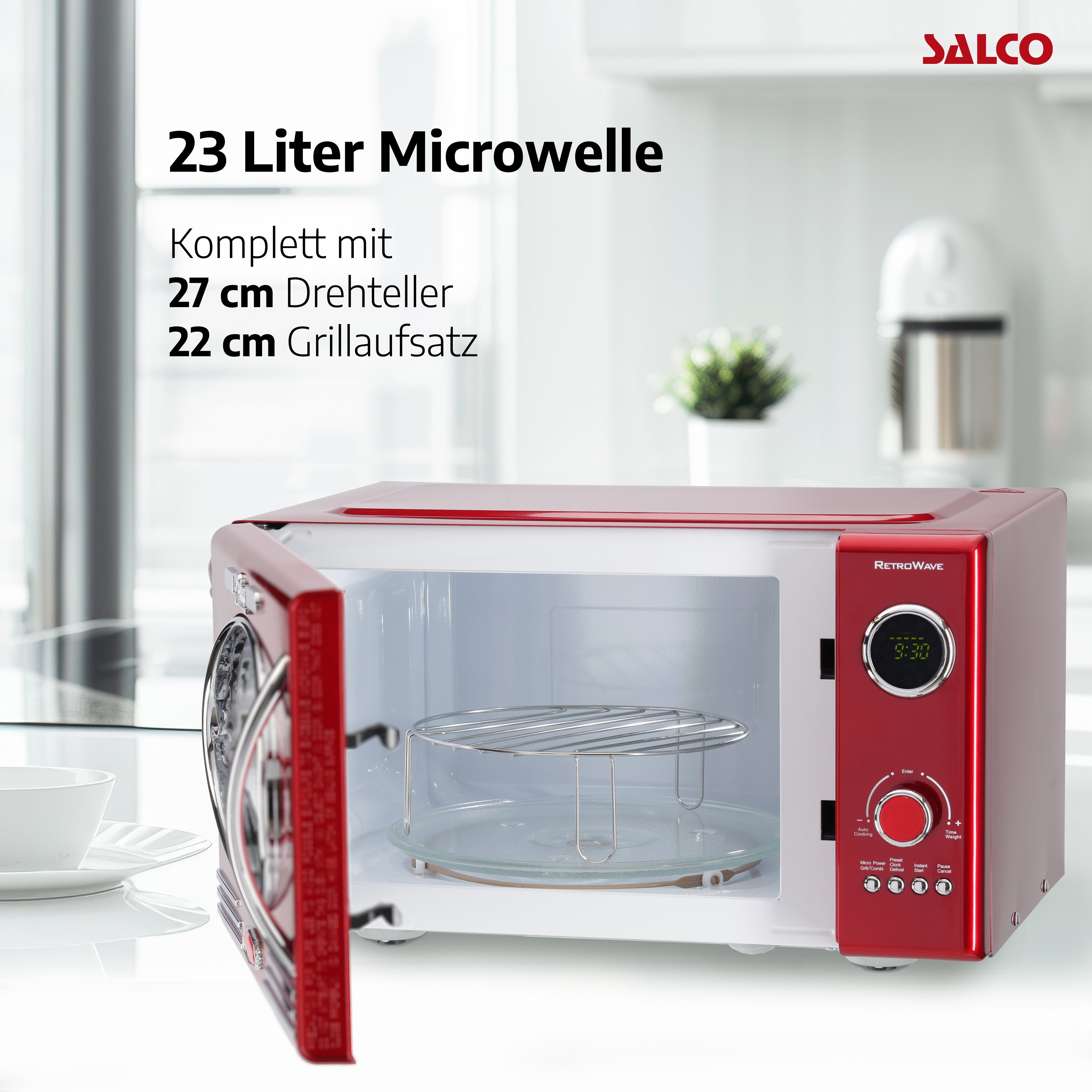 SALCO Mikrowelle, Mikrowelle, Grill, 23,00 l, Einfache Handhabung 900W Grill 12 Garfunktionen Express-Funktion