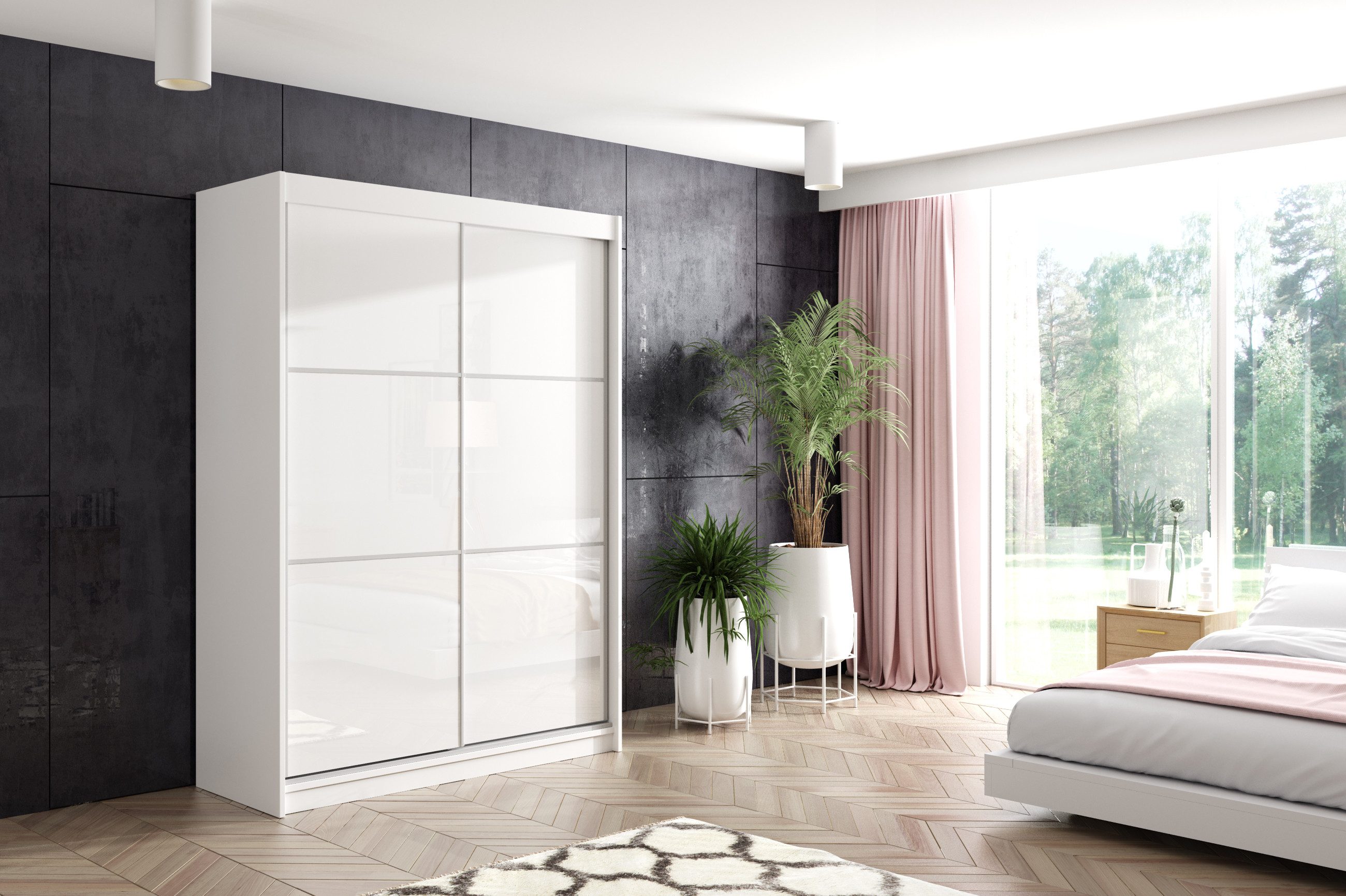 ALTDECOR Schiebetürenschrank VIVONA (Kleiderschrank Garderobenschrank mit viel Stauraum Moderner Schrank) Vielseitiger Schwebetürenschrank Lacobel LED Beleuchtung
