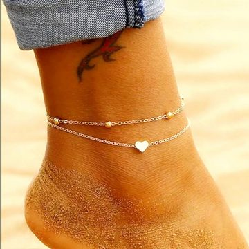 KARMA Fußkette mit Anhänger Fußkettchen mit Herz Anhänger silber Fusskette, Fußschmuck Damen Urlaub Strand Edelstahl