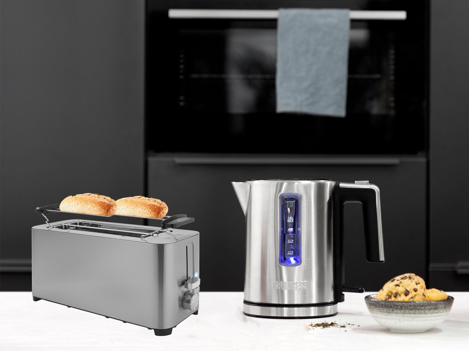 PRINCESS Toaster, 2 lange Schlitze, 1400 W, Frühstück-SET 4er Toastmaschine Toster, 1L Wasserkocher klein Kabellos | Langschlitztoaster