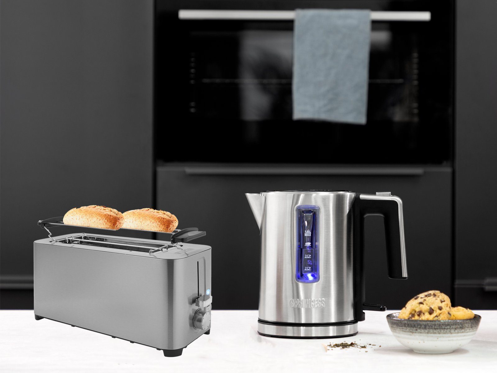 PRINCESS Toaster, 2 lange Schlitze, 1400 W, Frühstück-SET 4er Toastmaschine  Toster, 1L Wasserkocher klein Kabellos