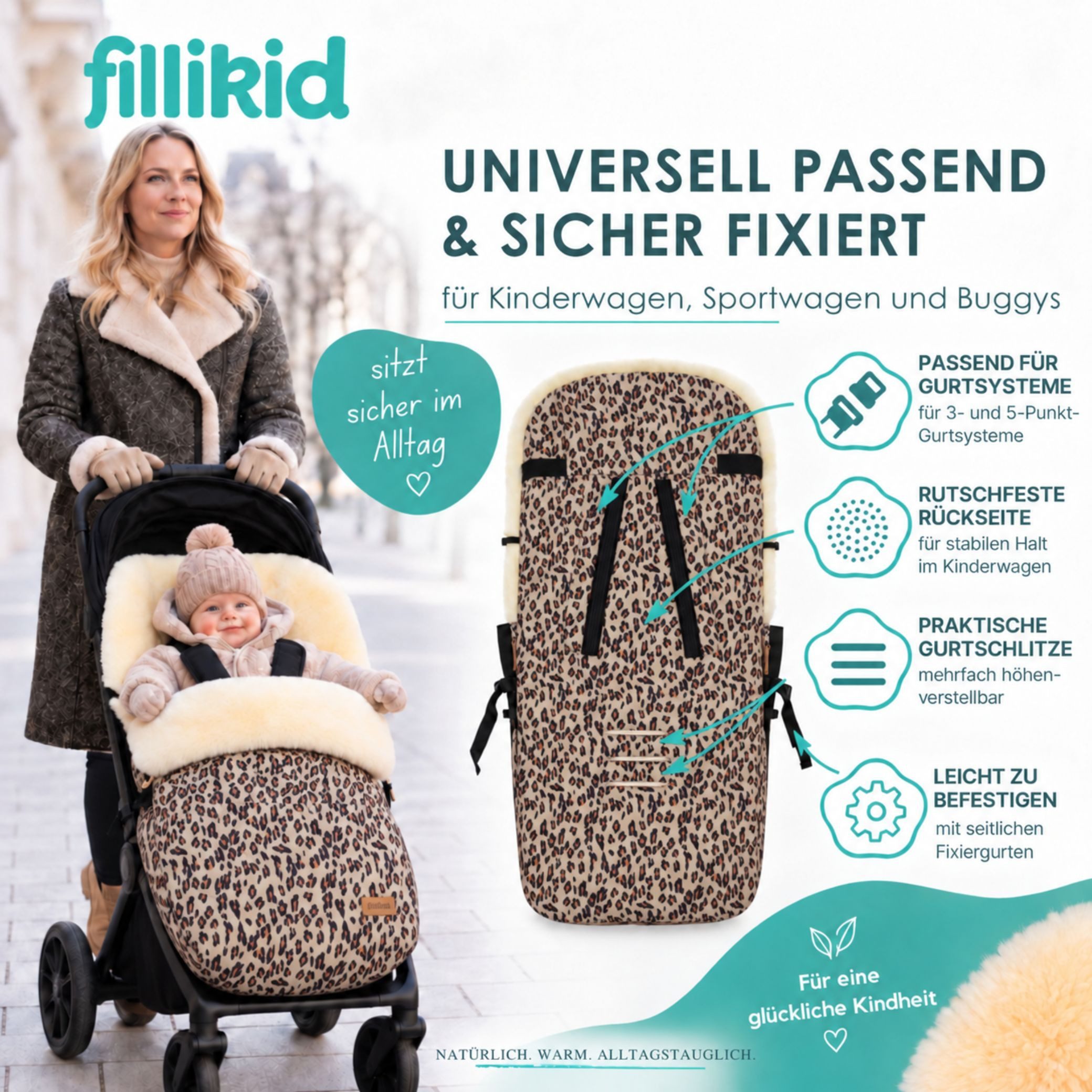 Fillikid Fußsack Winterfußsack Bernina Lammfell Exklusiv, Warmer Winterfußsack mit echtem Merino-Lammfell wasserabweisend und – Bild 5 von 5