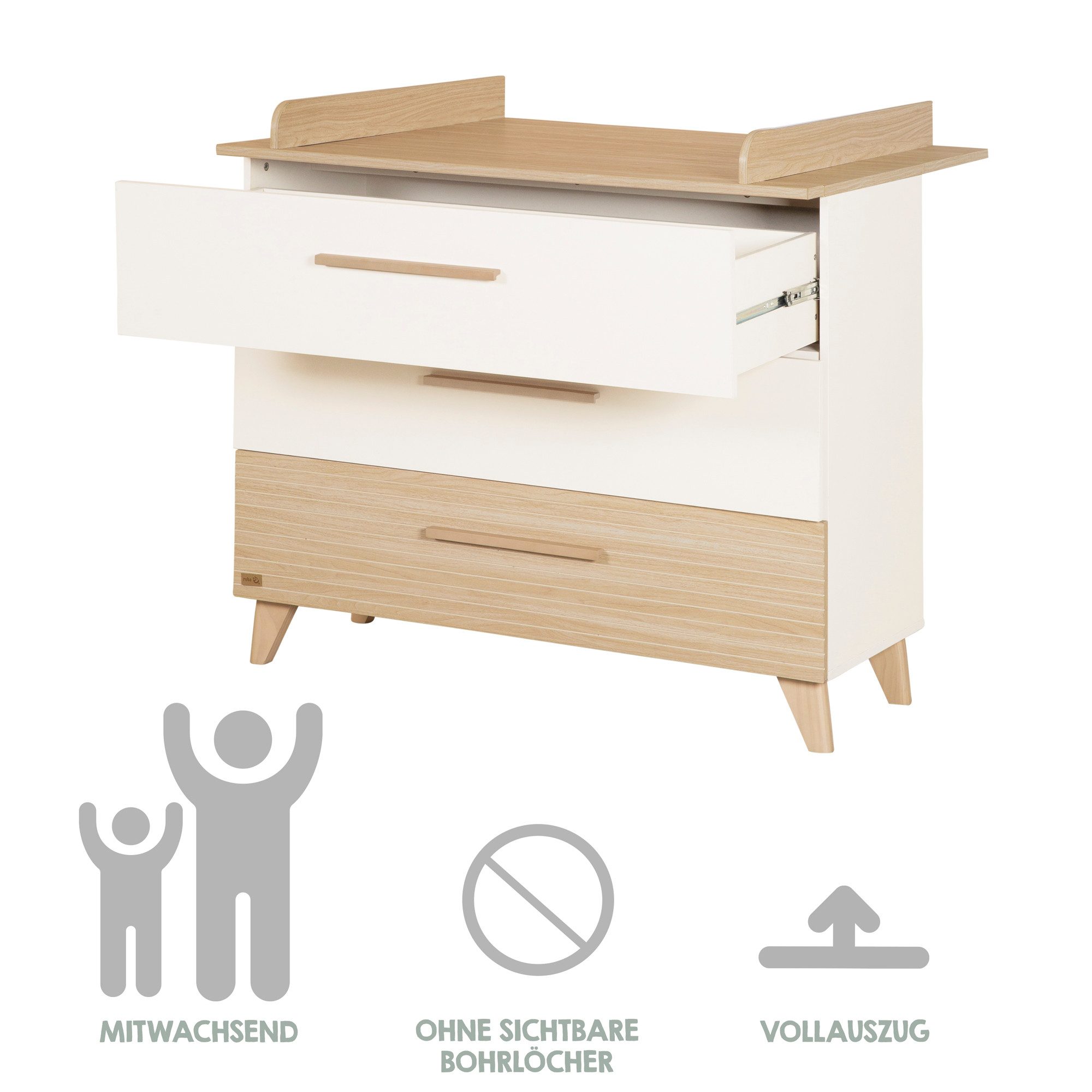 roba® Wickelkommode Theo - Wickelkommode aus Holz in modernem Design, Wickelhöhe 90,5 cm - Schubladen mit Vollauszug - Weiß / Ulme – Bild 4 von 5