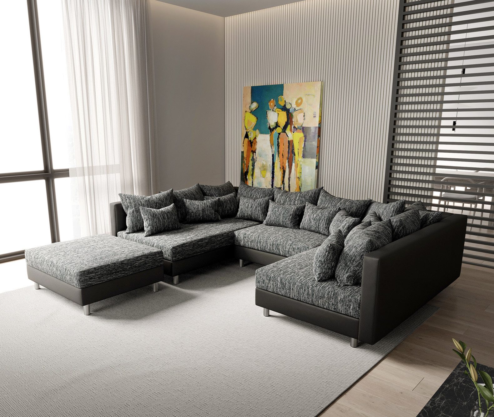 DELIFE Wohnlandschaft Clovis, Schwarz mit Hocker Wohnlandschaft Modulsofa
