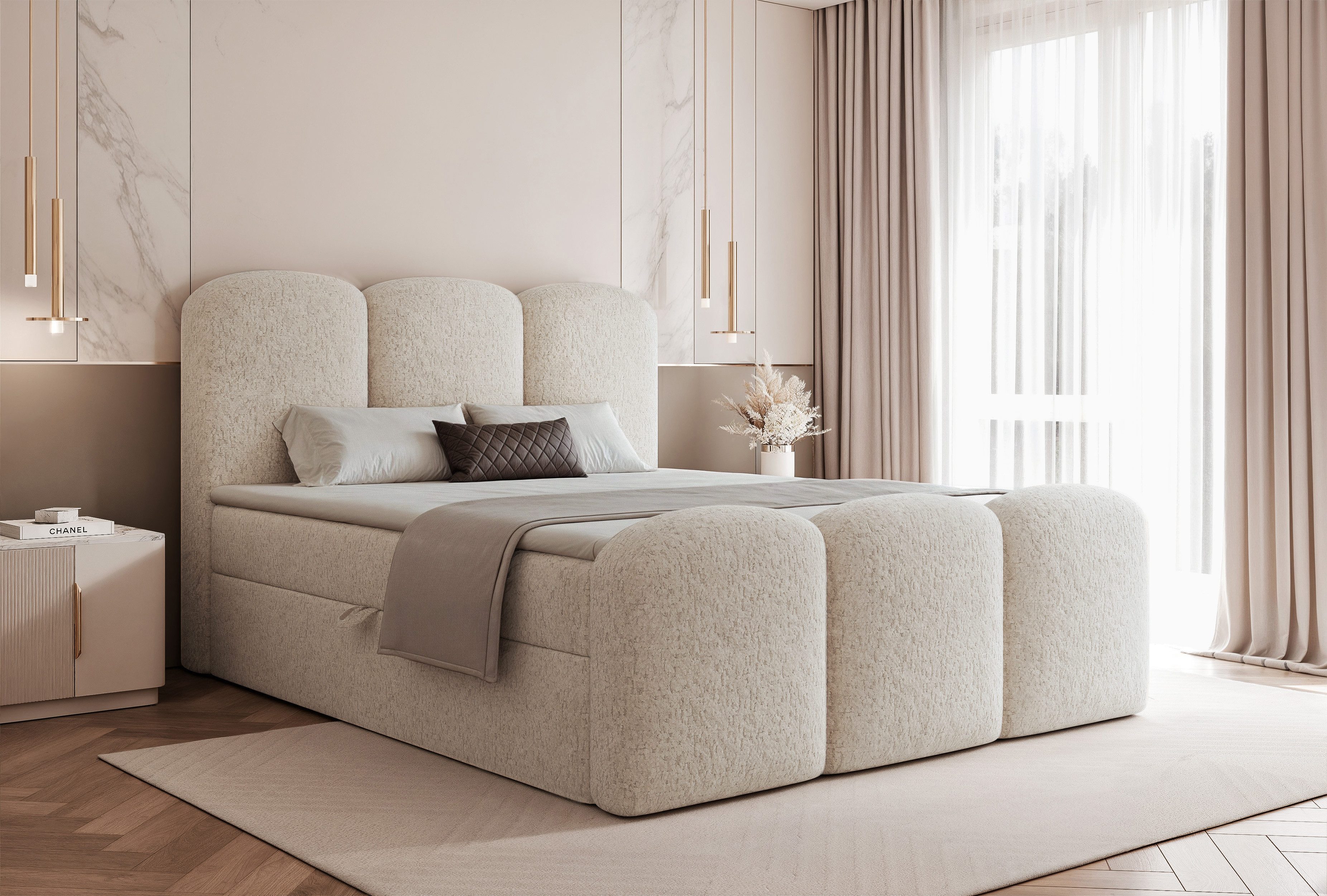 Compleo Boxspringbett mit Bettkasten, Boxspringbett Chenille, Doppelbett mit Stauraum (Chenille-Stoff, Bonellfederkernmatratze H3), 120x200 140x200 160x200 180x200 200x200cm