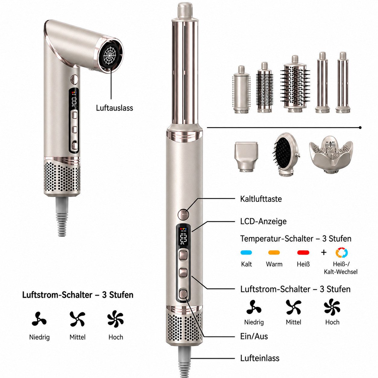 COOL-i ® Multihaarstyler Multihaarstyler AirStyler 8-in-1 – 1400 W, Föhn & Hairstyler in einem