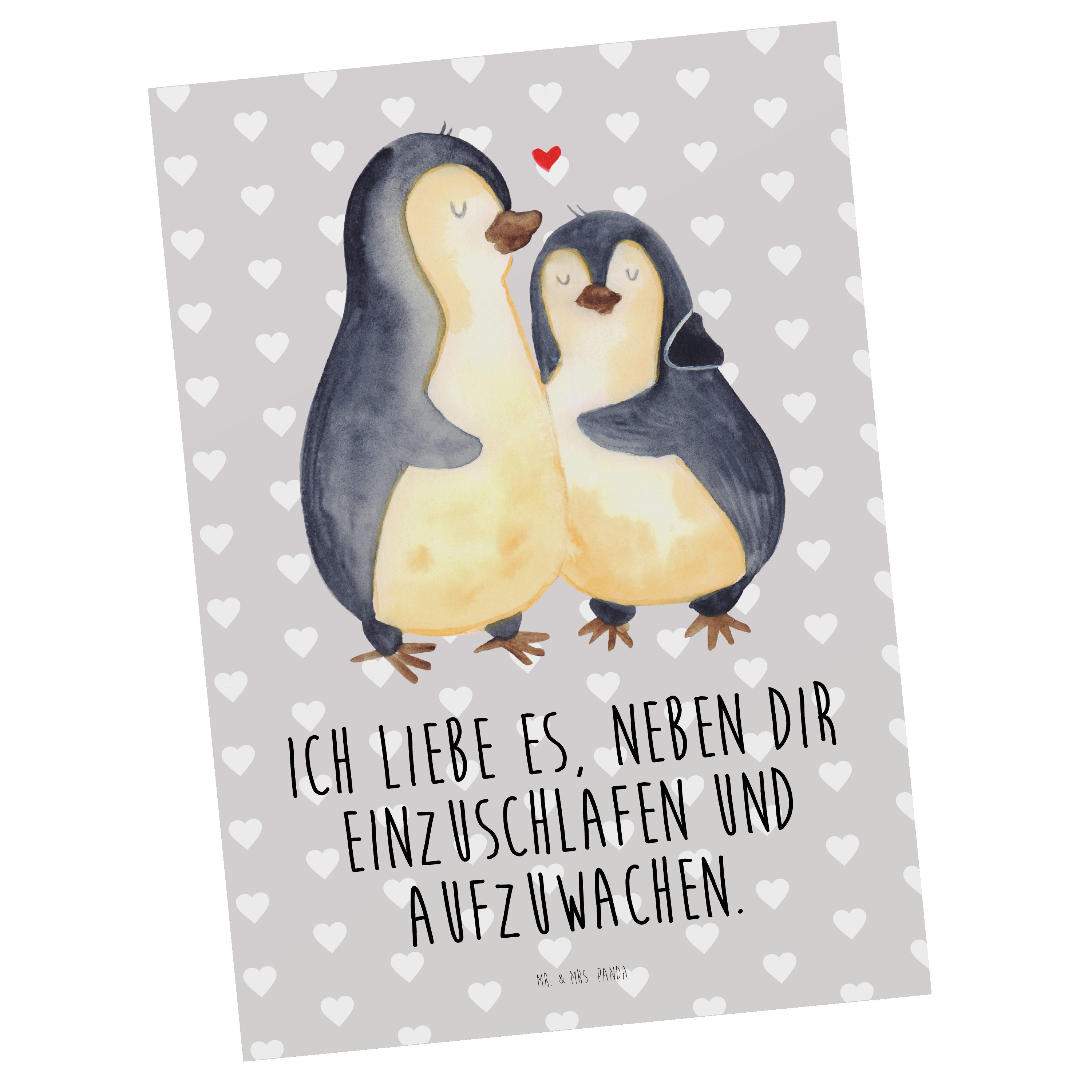 Mr. & Mrs. Panda Postkarte Pinguine Einschlafen - Grau Pastell - Geschenk, Karte, Liebesgeschenk