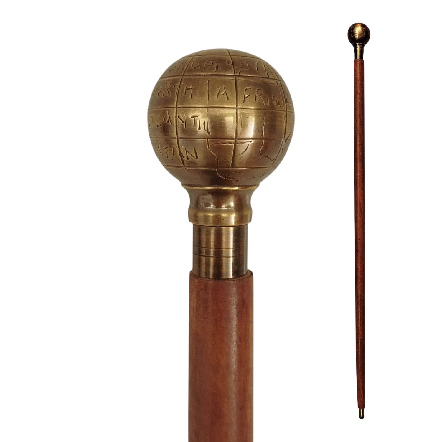 FTWdesign Frackstock Weltkugel Spazierstock aus Holz mit goldenem Griff aus Messing