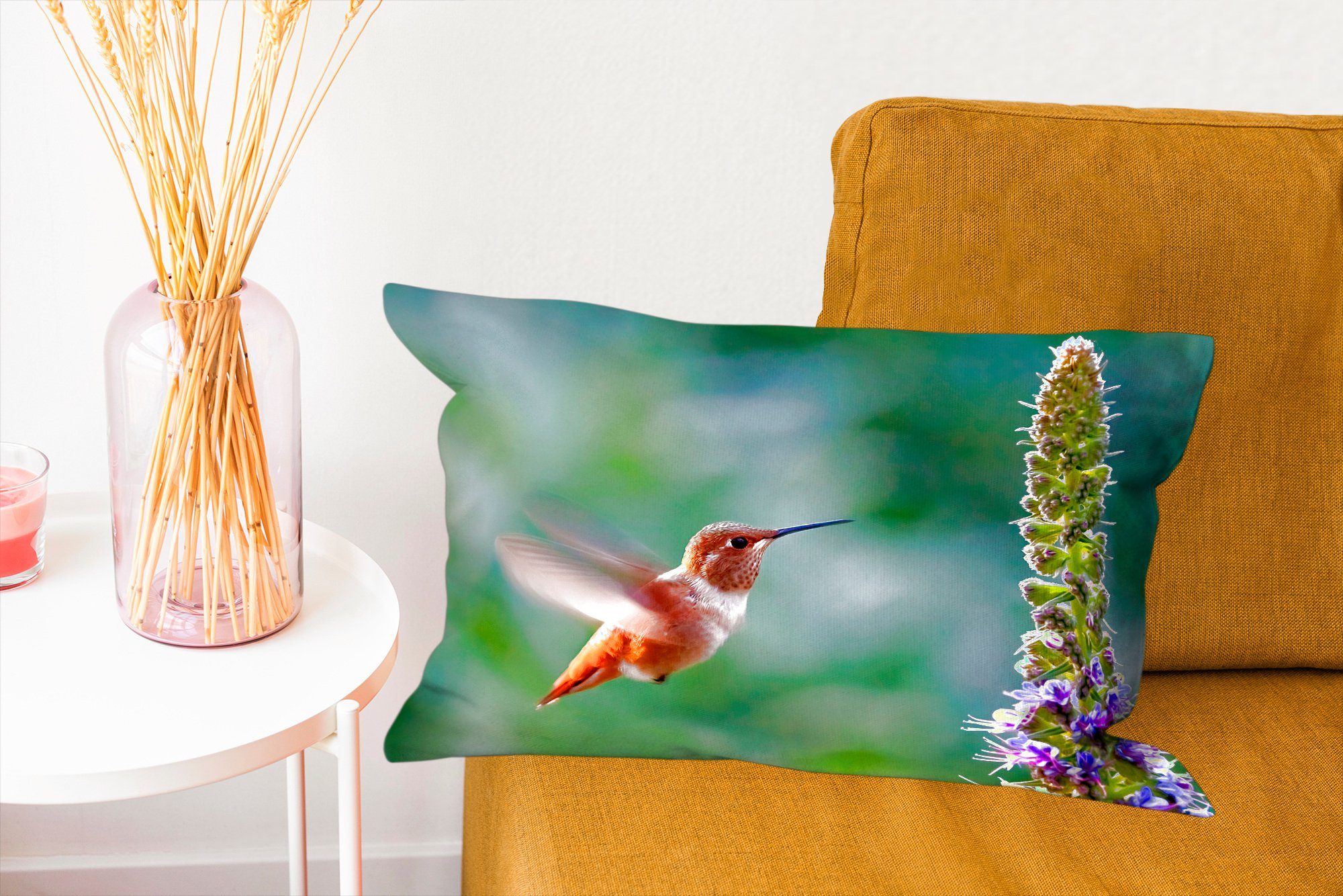 mit MuchoWow Blume, - Vogel Wohzimmer - Dekokissen Zierkissen, Schlafzimmer Füllung, Dekokissen Dekoration, Kolibri