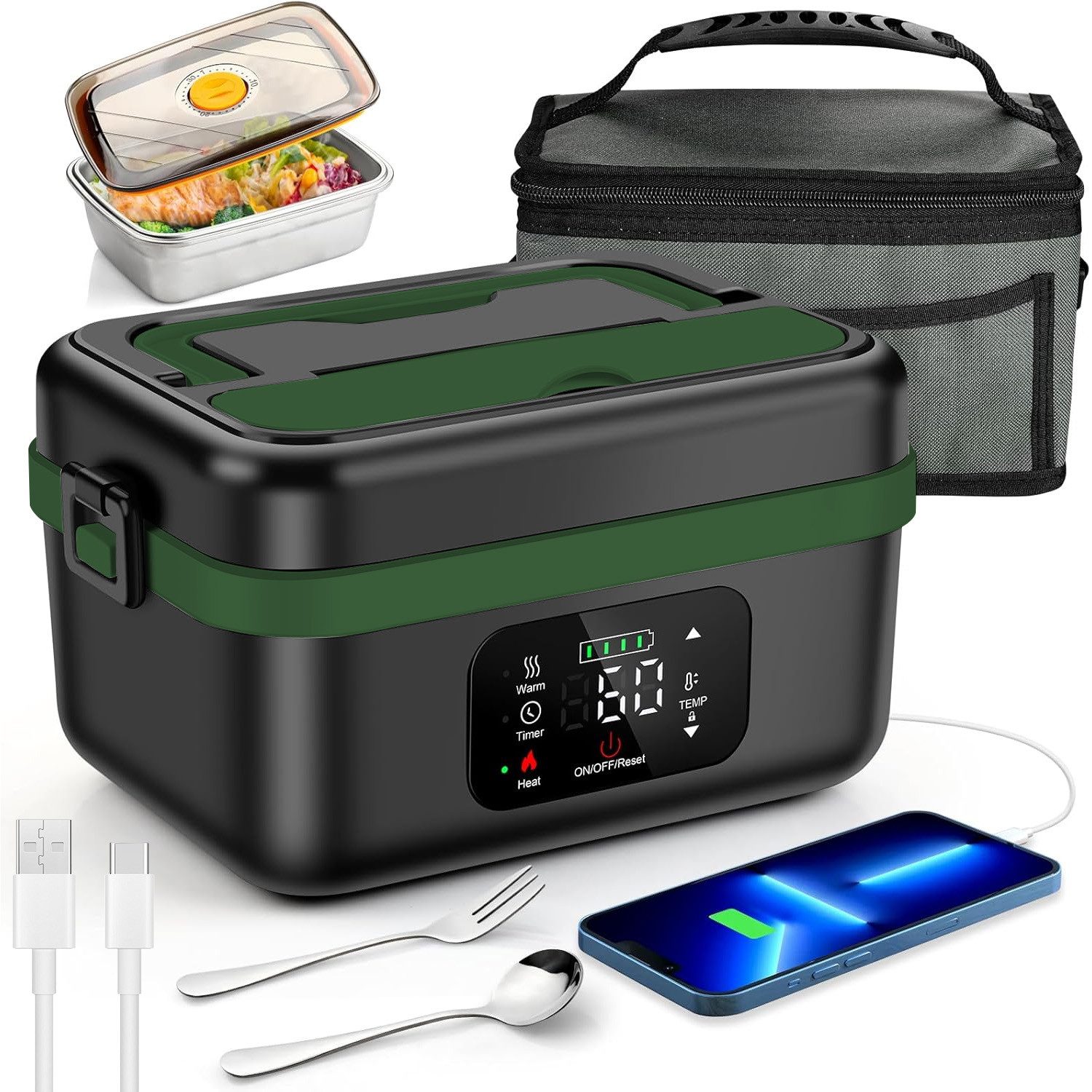 AKKEE Elektrische Lunchbox 1L Electric Lunch Box for Adult mit automatischer Aufheizfunktion, Wärmespeicher- und Timer-Heizfunktionen