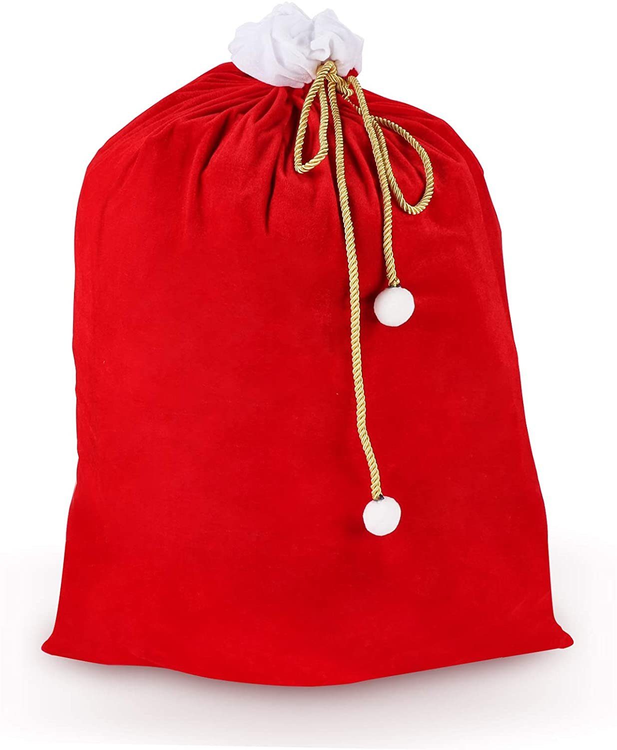 Homewit Christbaumschmuck Geschenksäckchen zu Weihnachten mit Zugband (1-tlg), Weihnachtssack aus Samt mit goldfarbener Kordel mit weißen Bommeln Rot