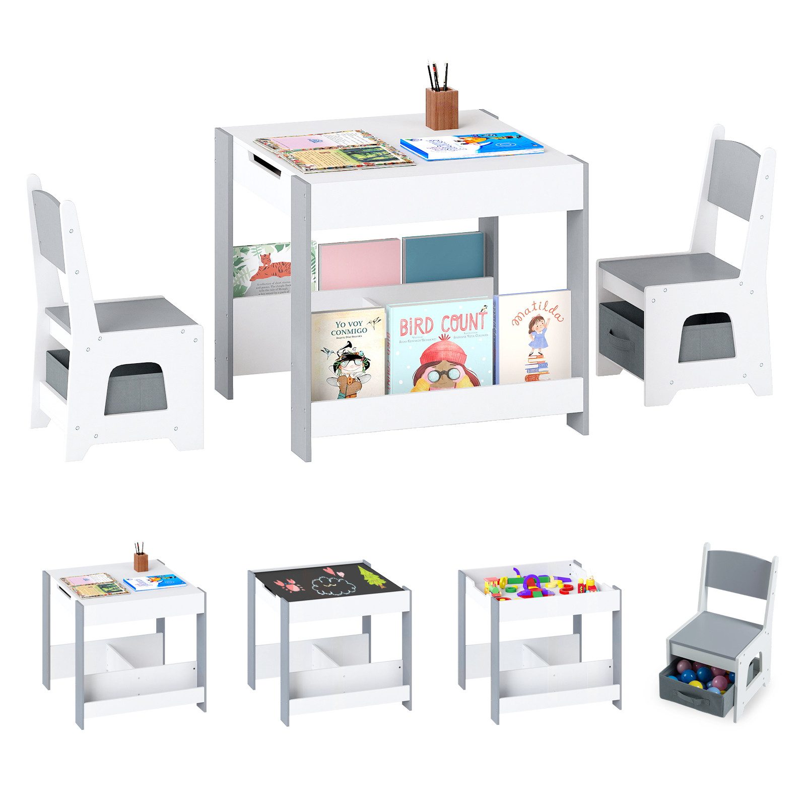 KOMFOTTEU Kindersitzgruppe, 4 in 1 Kindertisch mit 2 Stühlen, Seitenregalen & 2 Stoffboxen