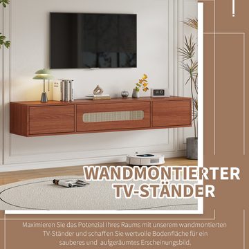 WISHDOR TV-Schrank Fernsehtisch Lowboard (3 Rattantüren) zum Öffnen drücken,hängend, 140*40*20cm