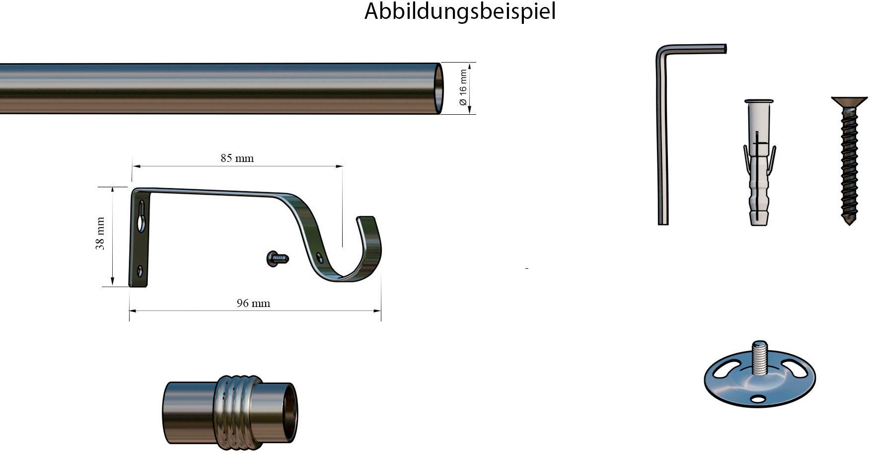 Gardinenstange Zylinder, indeko, Ø 16 mm, Eisen Wunschmaßlänge, mit Bohren, altmessingfarben 1-läufig, verschraubt