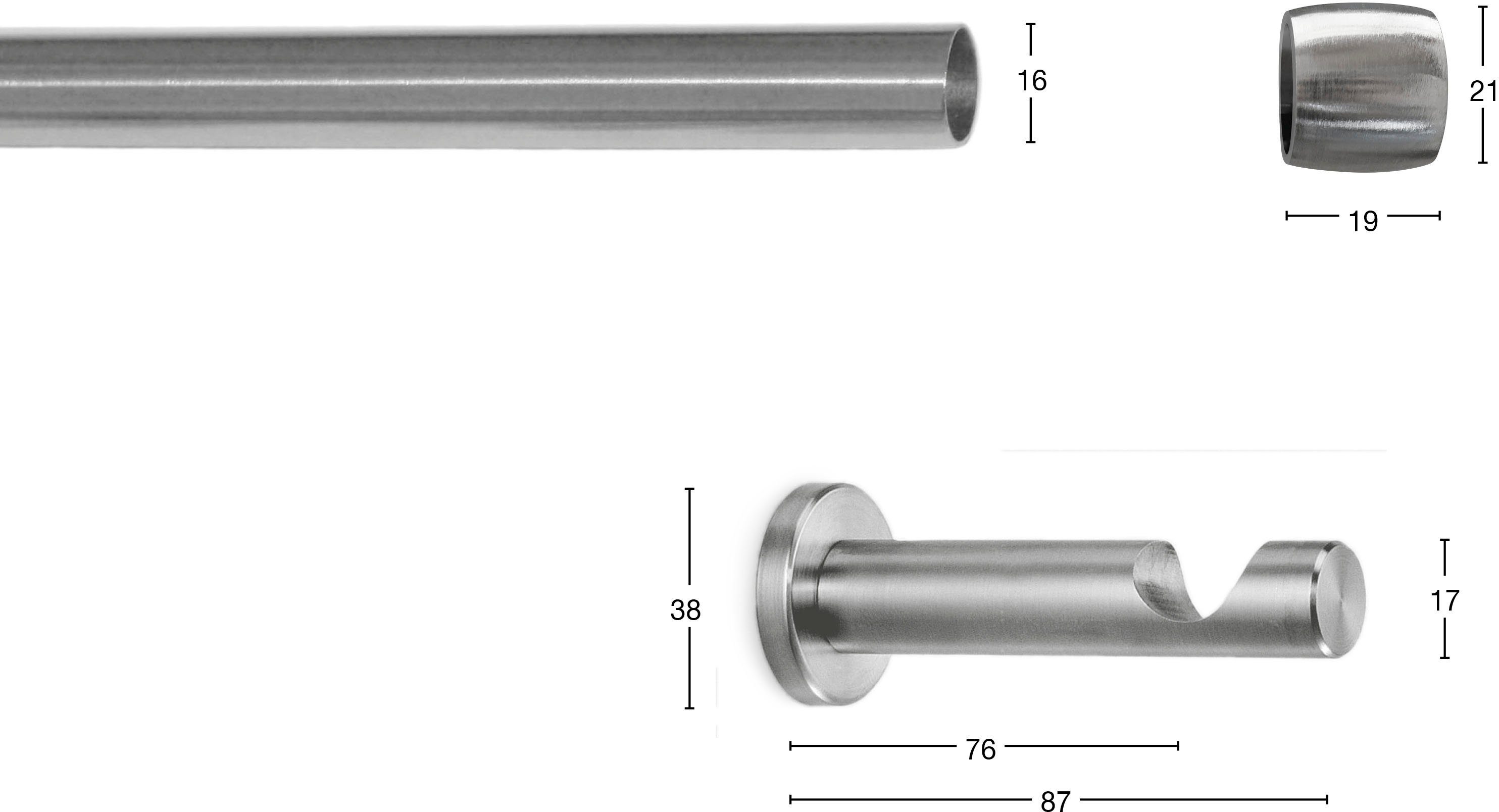 Vorhanggarnitur, Bohren, verlängerbar, mm, Gardinenstange Metall, 1-läufig, mit Wunschmaßlänge, 16 Ø ohne Kappe, Ringe GARESA, Aluminium, verschraubt, KAPPE, optik, edelstahl