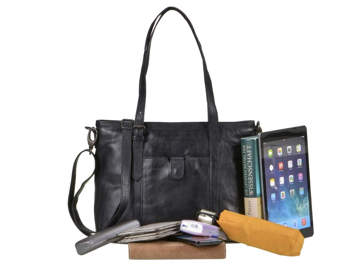 Schultertasche, Umhängetasche Handtasche, Leder knautschiges Design schwarz Bear Diede, Shopper,