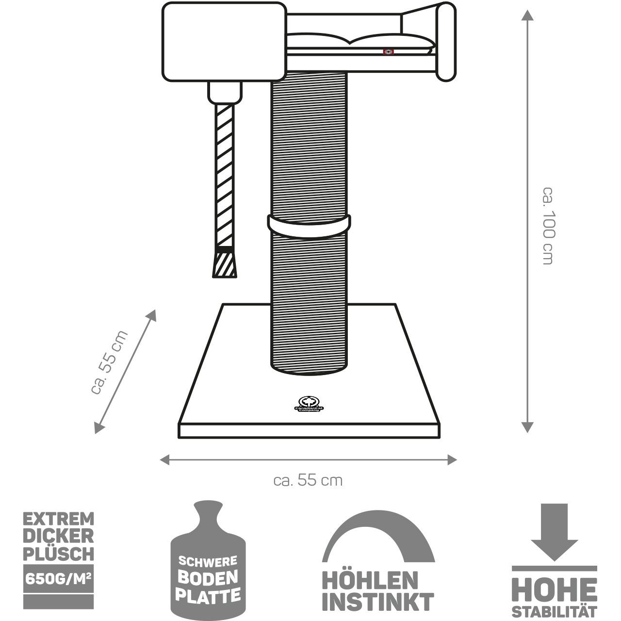 Canadian Cat Company Kratzbaum Watson, Kratzturm mit 18 cm dicker Sisalsäule, grau, ca. 55 x 55 x 100 cm
