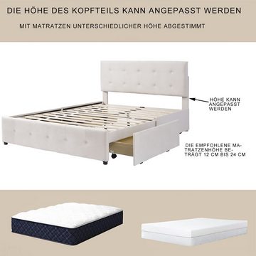 REDOM Polsterbett Doppelbett Bett Funktionsbett + 4 Schubladen ohne Matratze 140x200cm (Höhenverstellbarem Kopfteil mit Bettstauraum), Ohne Matratze