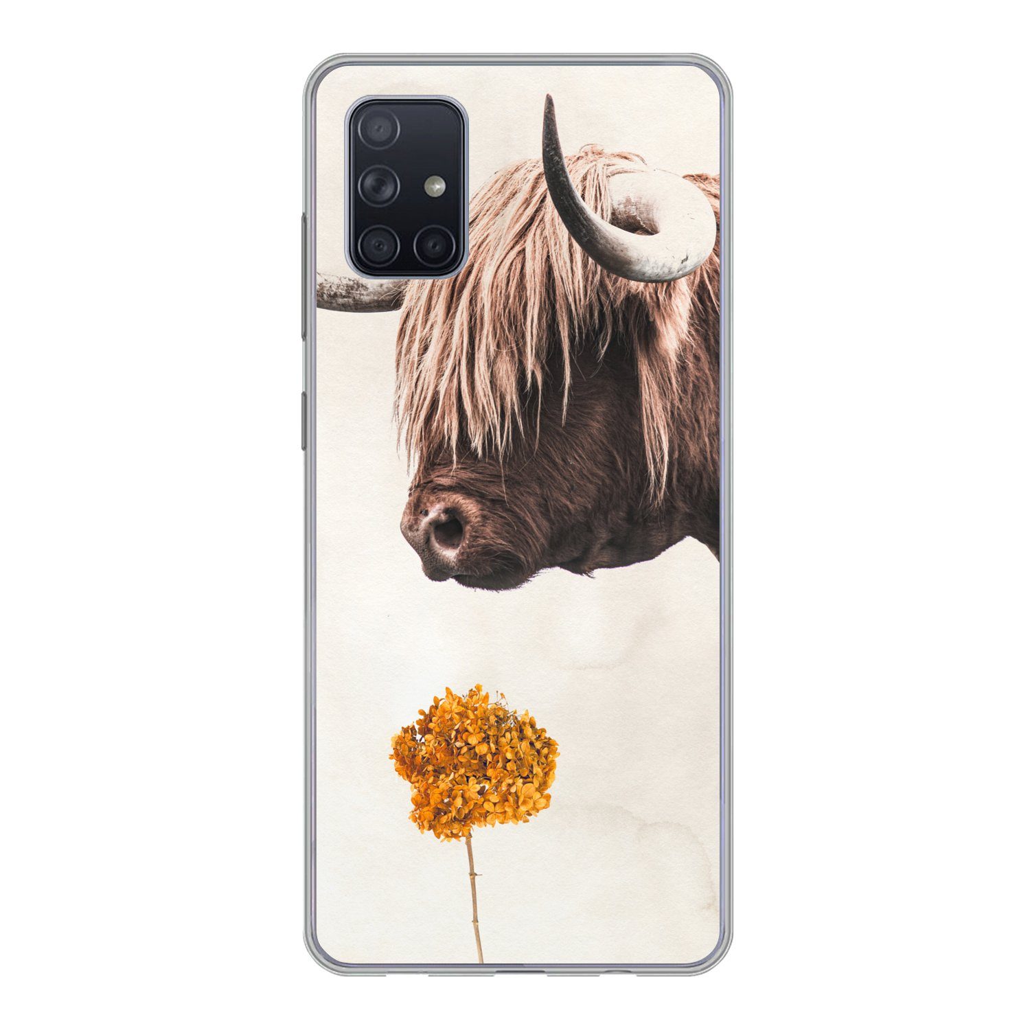 MuchoWow Handyhülle für Samsung Galaxy A71 Schottischer Highlander - Vintage - Blume, Phone Case, Silikon, Schutzhülle Dünn