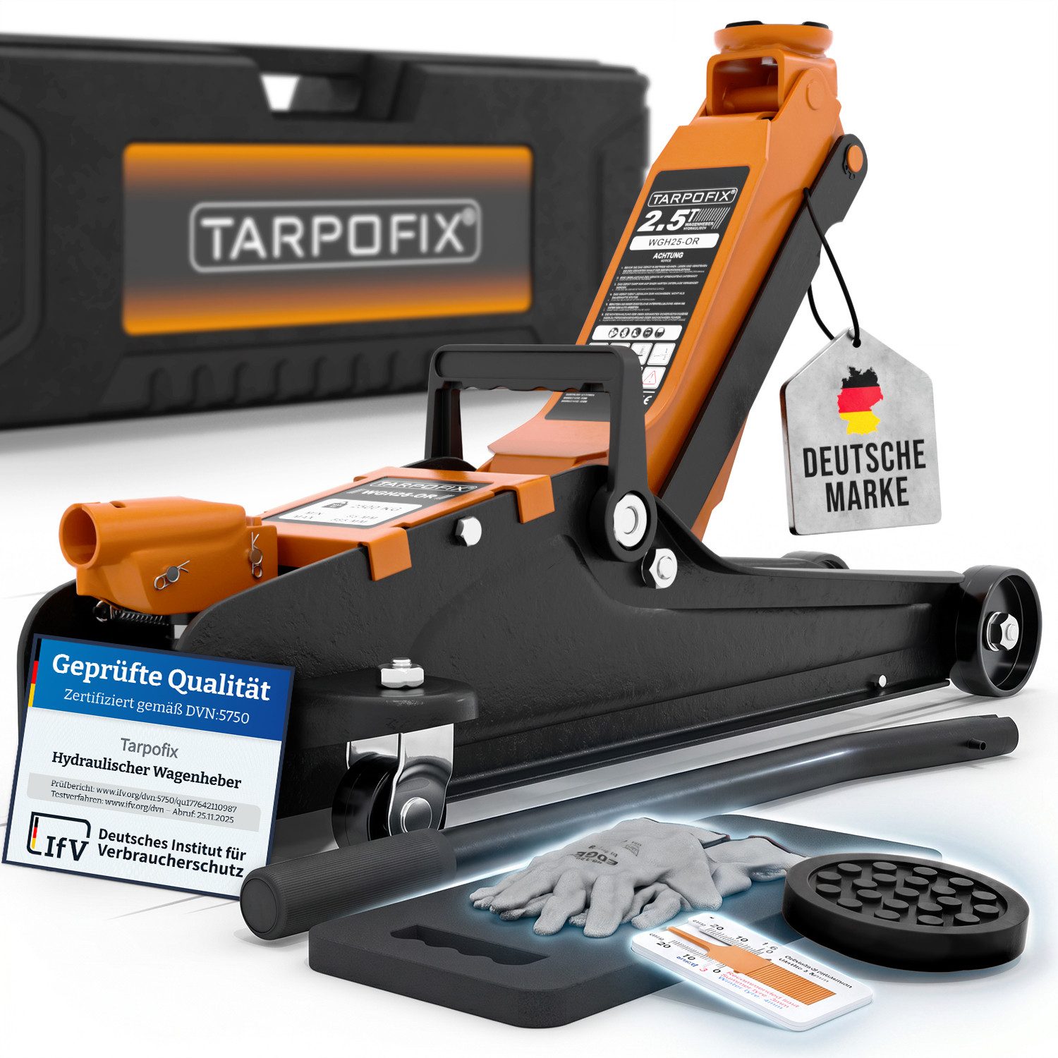 Tarpofix® Wagenheber Hydraulischer Wagenheber 2,5t flach für PKW SUV mit Koffer, max. Hubhöhe: 38 cm, Orange: Flacher Auto Wagenheber 2,5t in Orange mit Koffer