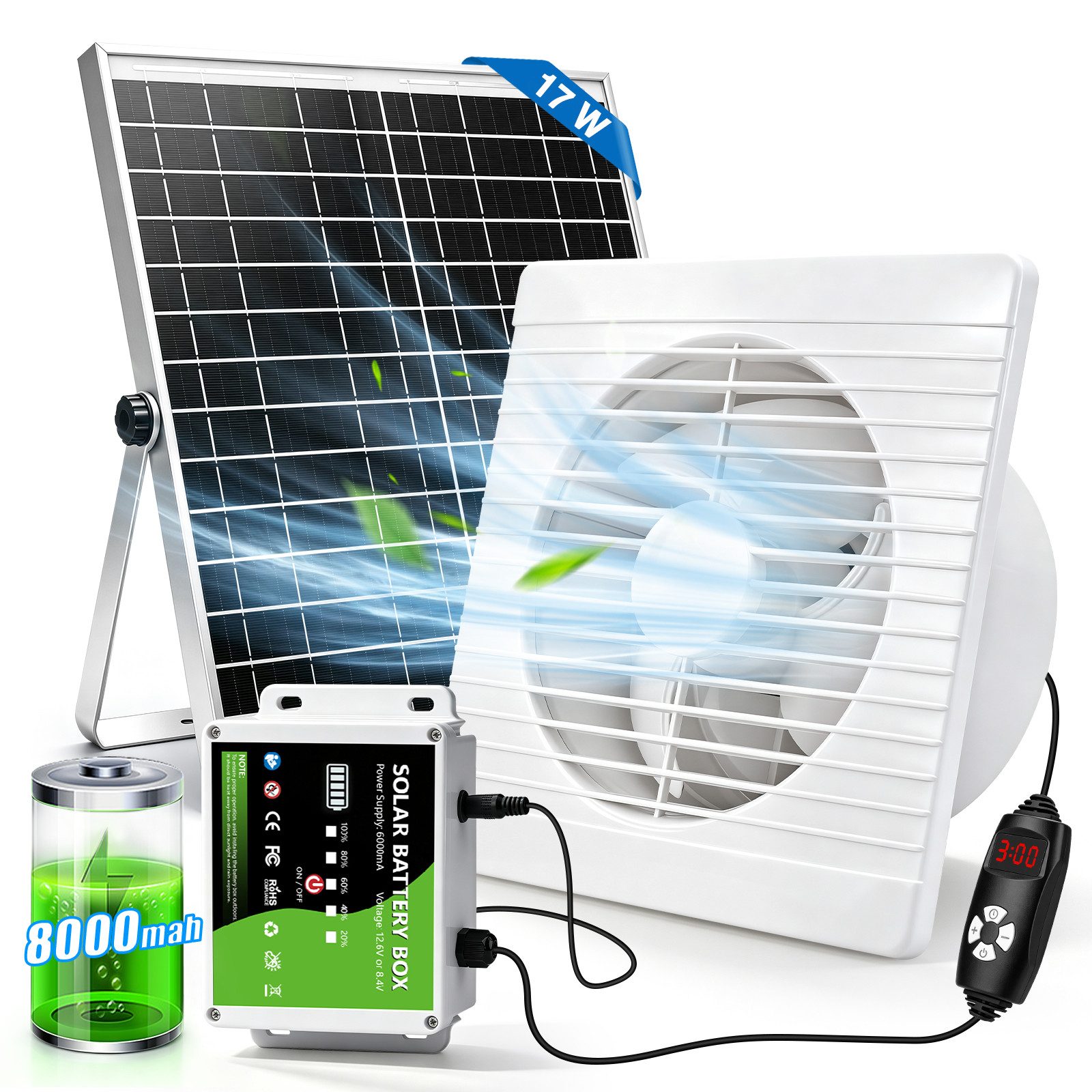 XERSEK Wandventilator Solar Ventilator mit 8000mAh Powerbank Solarlüfter Abluftventilator, 17W Solarpanel Timer Akkuanzeige Lüftungsstufenregelung für Schuppen