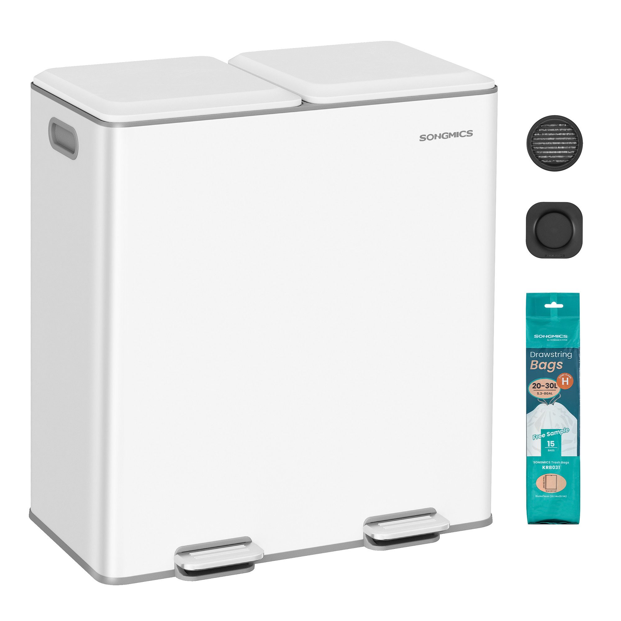 SONGMICS Mülleimer Integrierte Duftspender, Mülleimer Küche, 2 x 30 L, 2 Fächer, Mülltrennsystem, Softclose