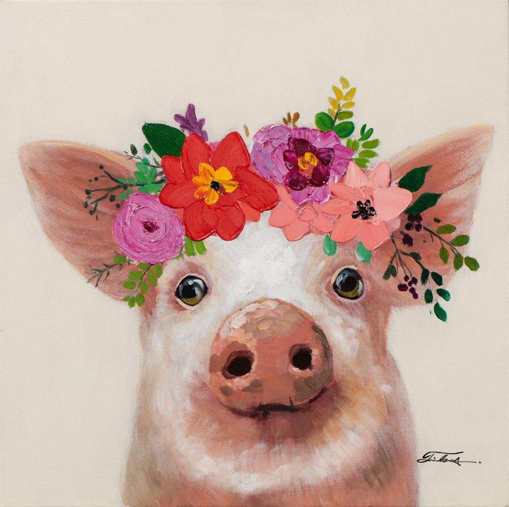 ArtUniverse Gemälde Schwein mit Blumen 50x50 cm, Tiermotiv