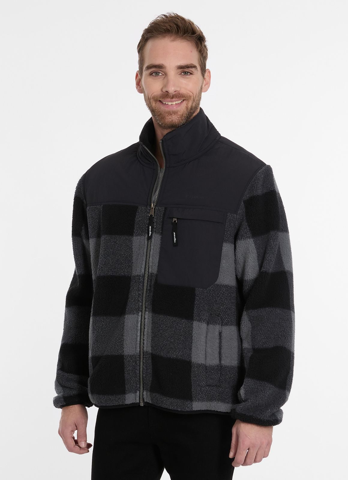 Ragwear Sweater Fleecejacke CHERIOR Herren kariert mit Brusttasche Schwarz