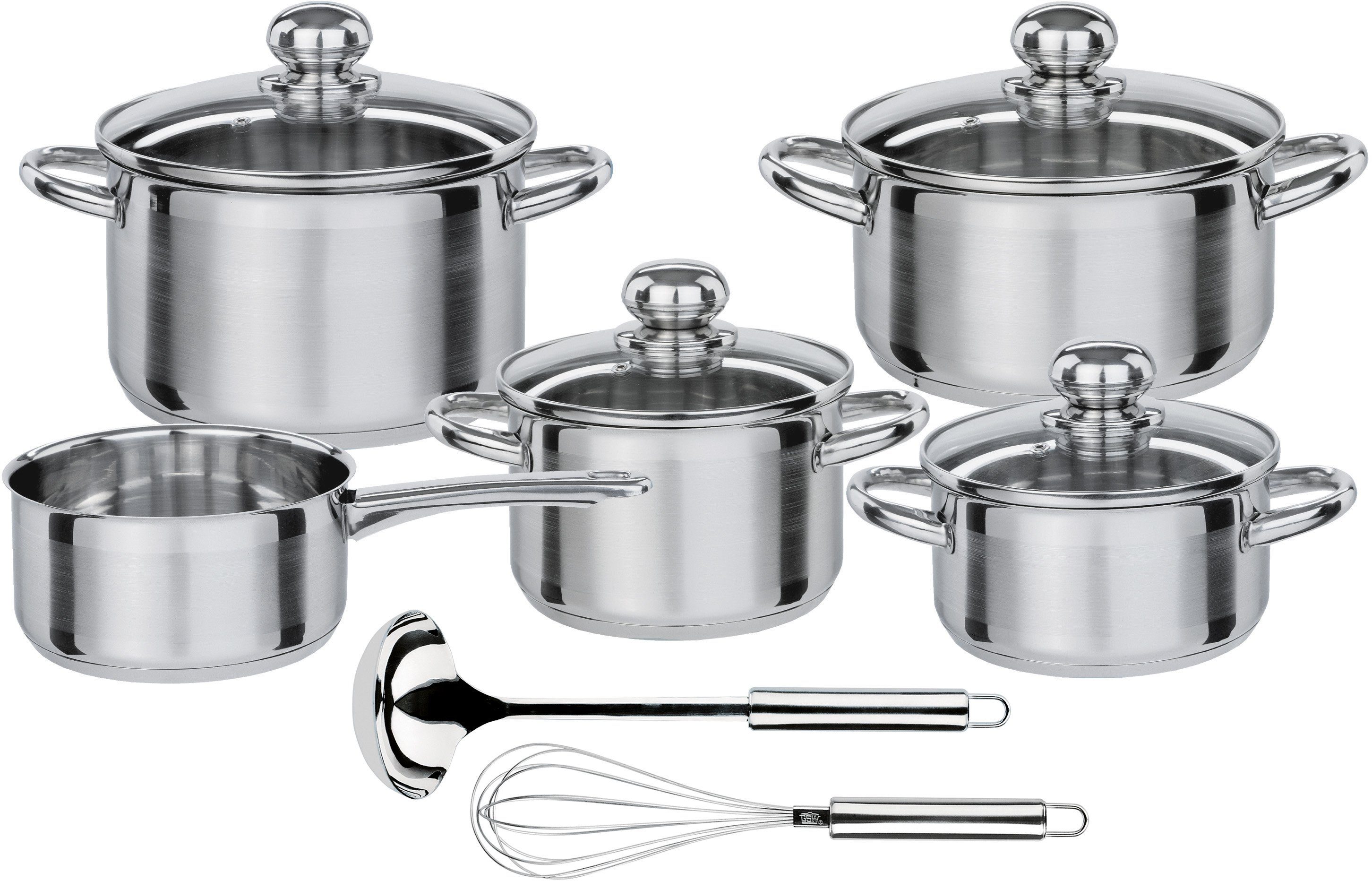 GSW Topf-Set Silver Star, Edelstahl (Set, 11-tlg., Bratentopf Ø 16/20 cm, Fleischtopf Ø 16/20 cm, Stielkasserolle Ø 16 cm), Induktion