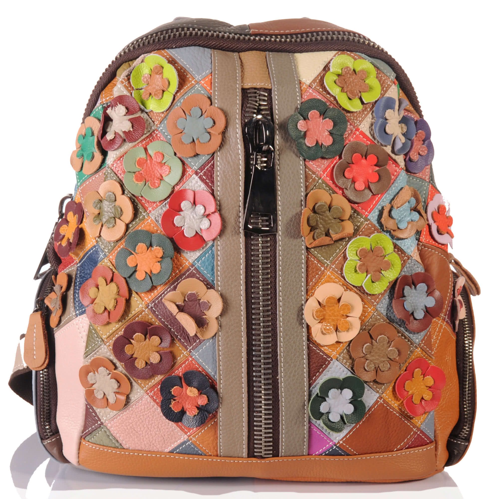 KMISSO Henkeltasche Handgefertigter City Backpack Pachwork Rucksack Blumen Leder bunt 3067 (1-tlg), im eleganten Look