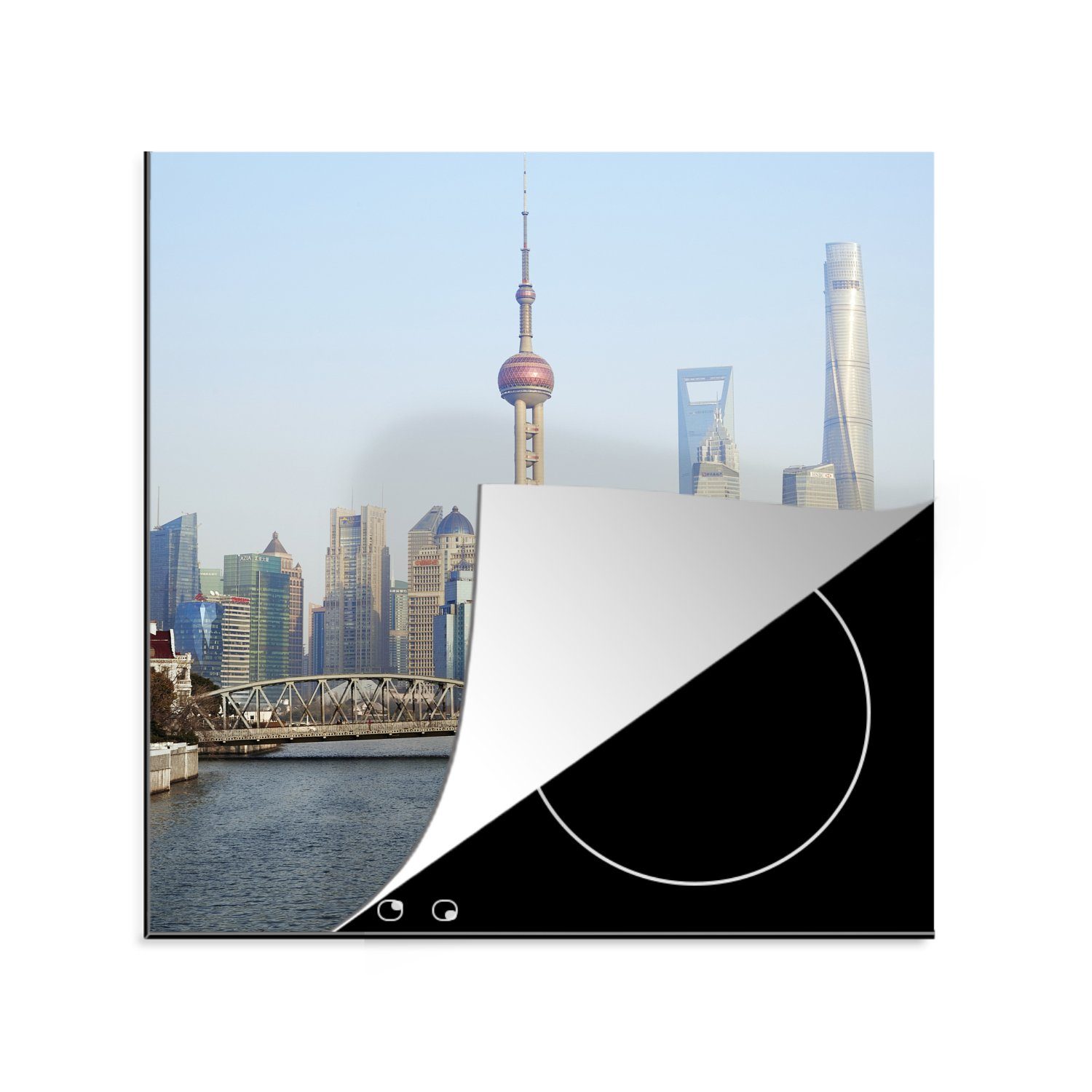 MuchoWow Herdblende-/Abdeckplatte Skyline von Shanghai mit dem Oriental Pearl Tower, Vinyl, (1 tlg), 78x78 cm, Ceranfeldabdeckung, Arbeitsplatte für küche