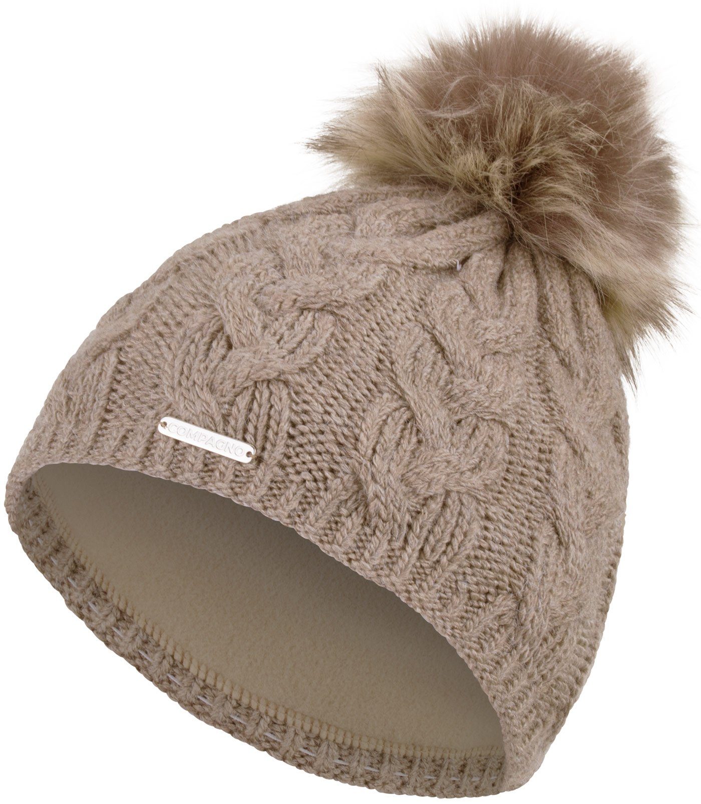 compagno Bommelmütze (1-St) Bommelmütze Wintermütze Zopf-Strickmuster Damen Fleecefutter Beanie