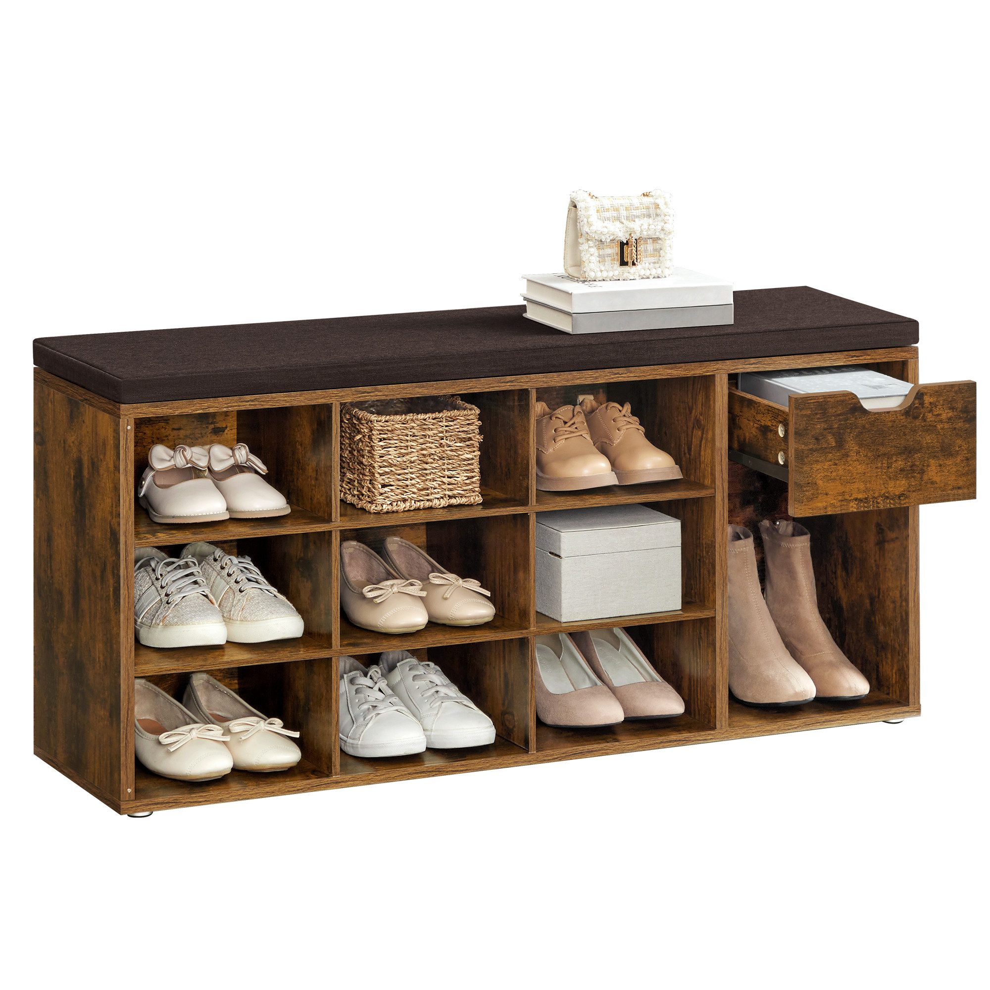 VASAGLE Schuhbank Schuhregal, Flur, Schlafzimmer und Eingangsbereich, 30 x 104 x 48 cm, 1 Schublade, 10 offene Fächern, Sitzbank, gepolsterter Sitz, vintage