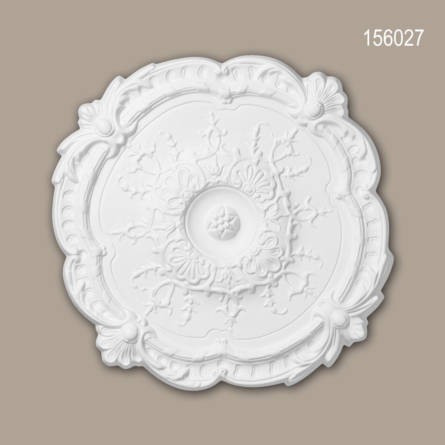 Profhome Decken-Rosette 156027 Rosette aus Polyurethan Deckenrosette Zierelement Ø 38,3 cm (Rosette, 1 St., Deckenrosette, Medallion, Stuckrosette, Deckenelement, Zierelement), weiß, vorgrundiert, Stil: Rokoko / Barock