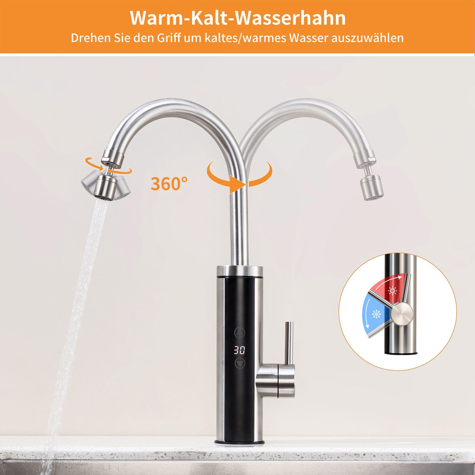 HOMELODY Küchenarmatur mit Durchlauferhitzer, Wasserhahn 360° drehbar,3-Stufen Touchregelung spültischarmatur küche,Elektrische Durchlauferhitzer,Gebürstet – Bild 2 von 5