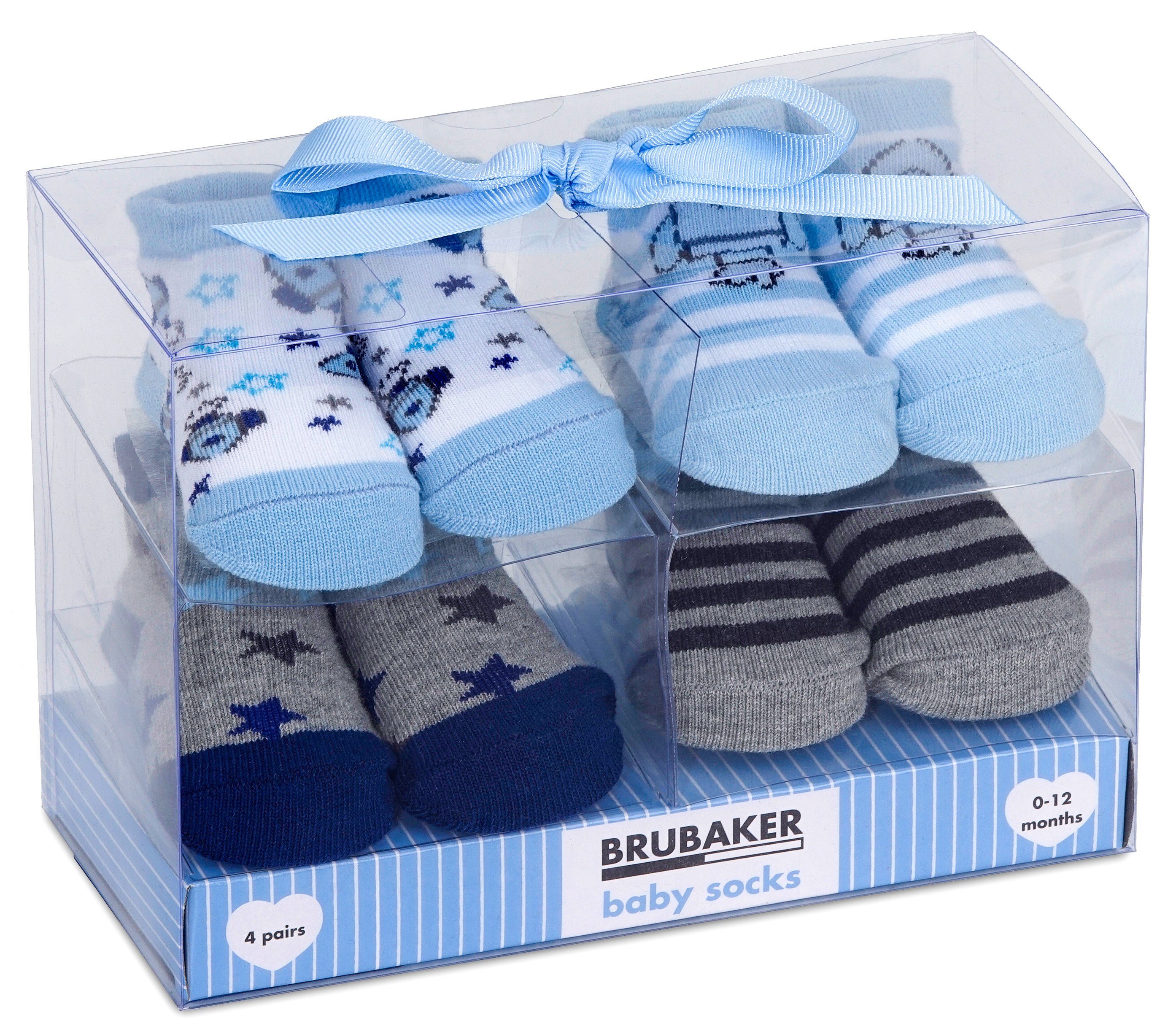 BRUBAKER Socken Babysocken für Jungen und Mädchen 0-12 Monate (4-Paar, Baumwollsocken mit Raketen und Sternen) Baby Geschenkset für Neugeborene in Geschenkverpackung mit Schleife