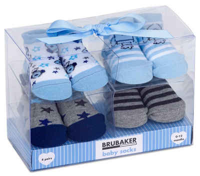 BRUBAKER Socken »Babysocken für Jungen und Mädchen 0-12 Monate« (4-Paar, Baumwollsocken mit Raketen und Sternen) Baby Geschenkset für Neugeborene in Geschenkverpackung mit Schleife
