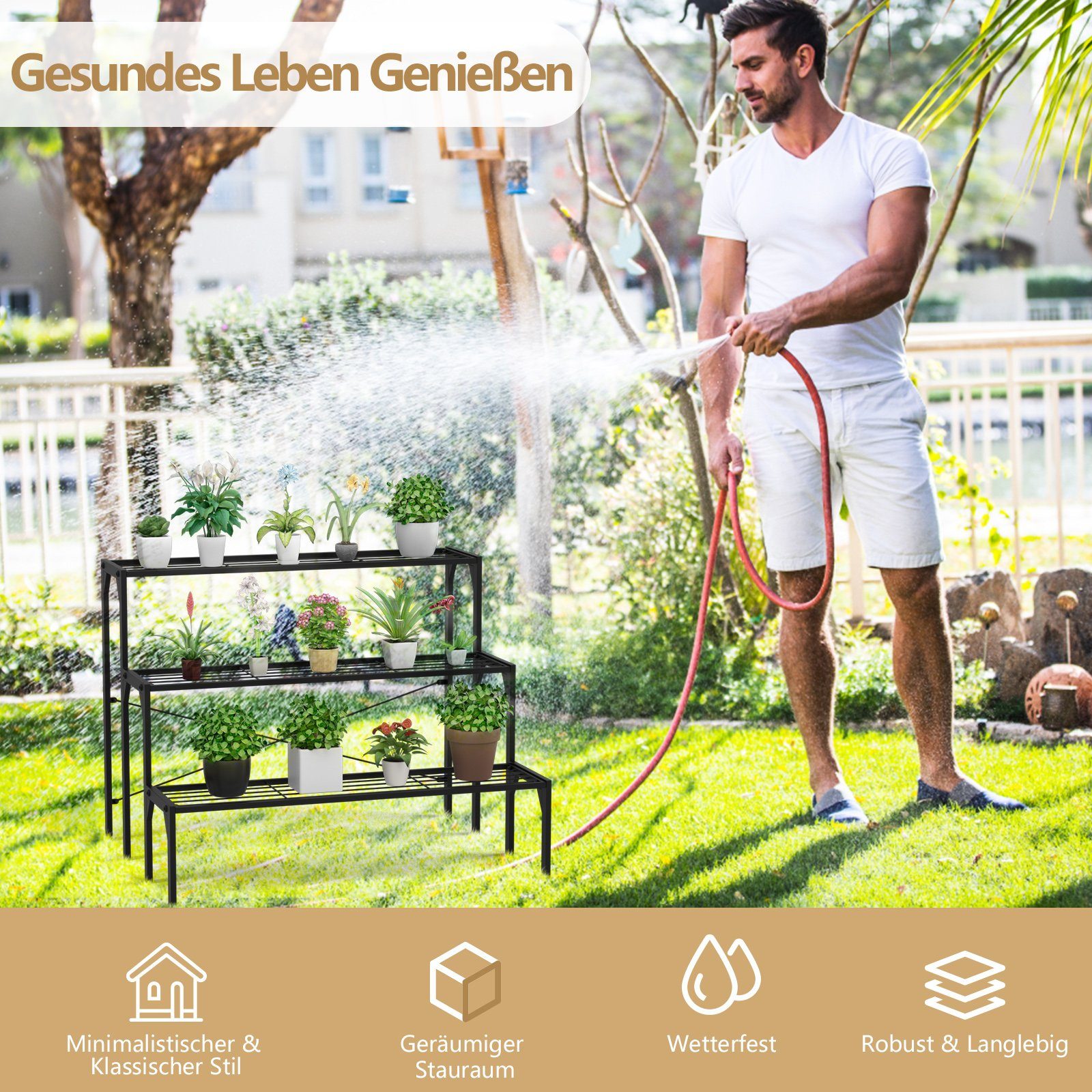 COSTWAY Pflanzentreppe, 3-stufiger Metall Blumentreppe, belastbar bis 30 kg