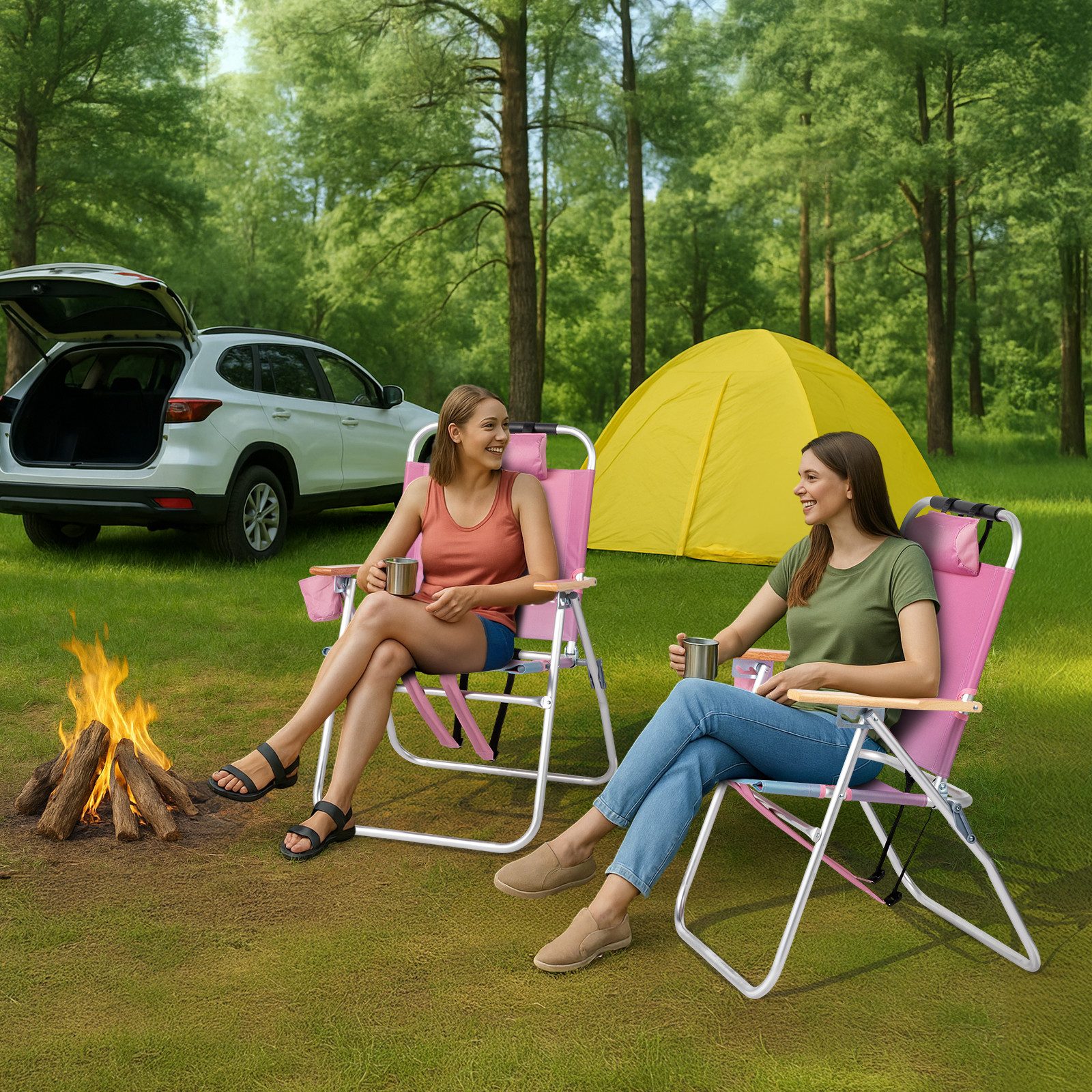 Bonnlo Campingstuhl aus Aluminium, 3-Fach Verstellbarer Rückenlehne, Rosa, Blau (1 St), Verstellbarer Rückenlehne und zugeklappt