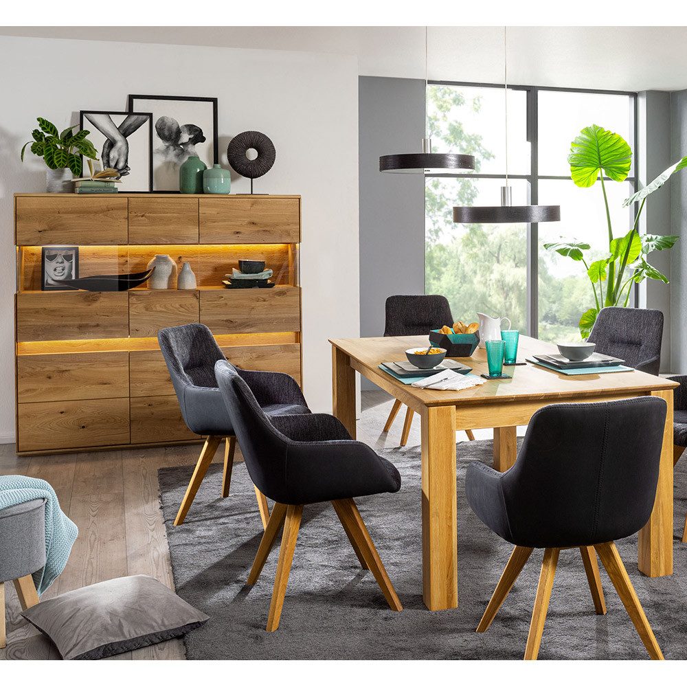 Lomadox Esszimmer-Set WELLAND-69, (Spar-Set, 2-St., Esstisch Highboard), in Eiche massiv geölt inkl. Beleuchtung, Esstisch 180x100 cm, montiert